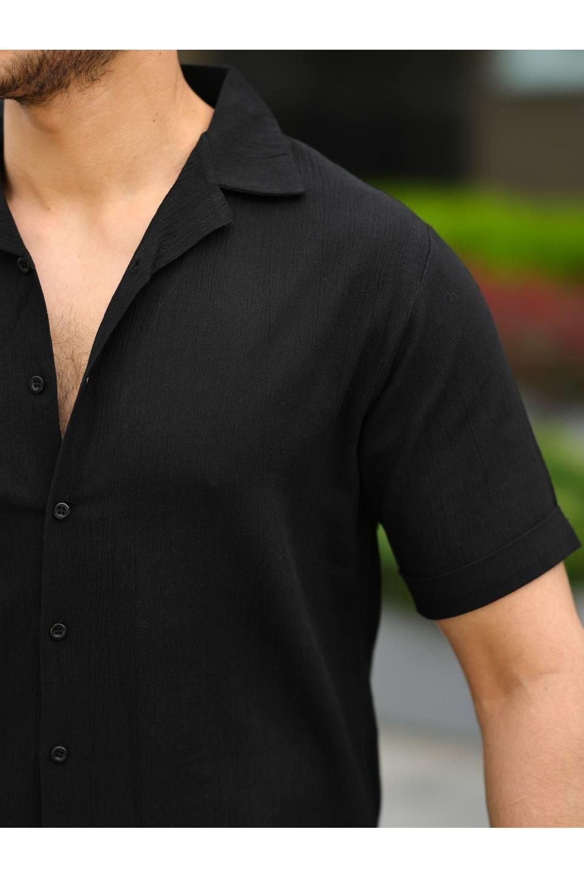 Erkek Keten Kumaş Kısa Kollu Şal Yaka Gömlek