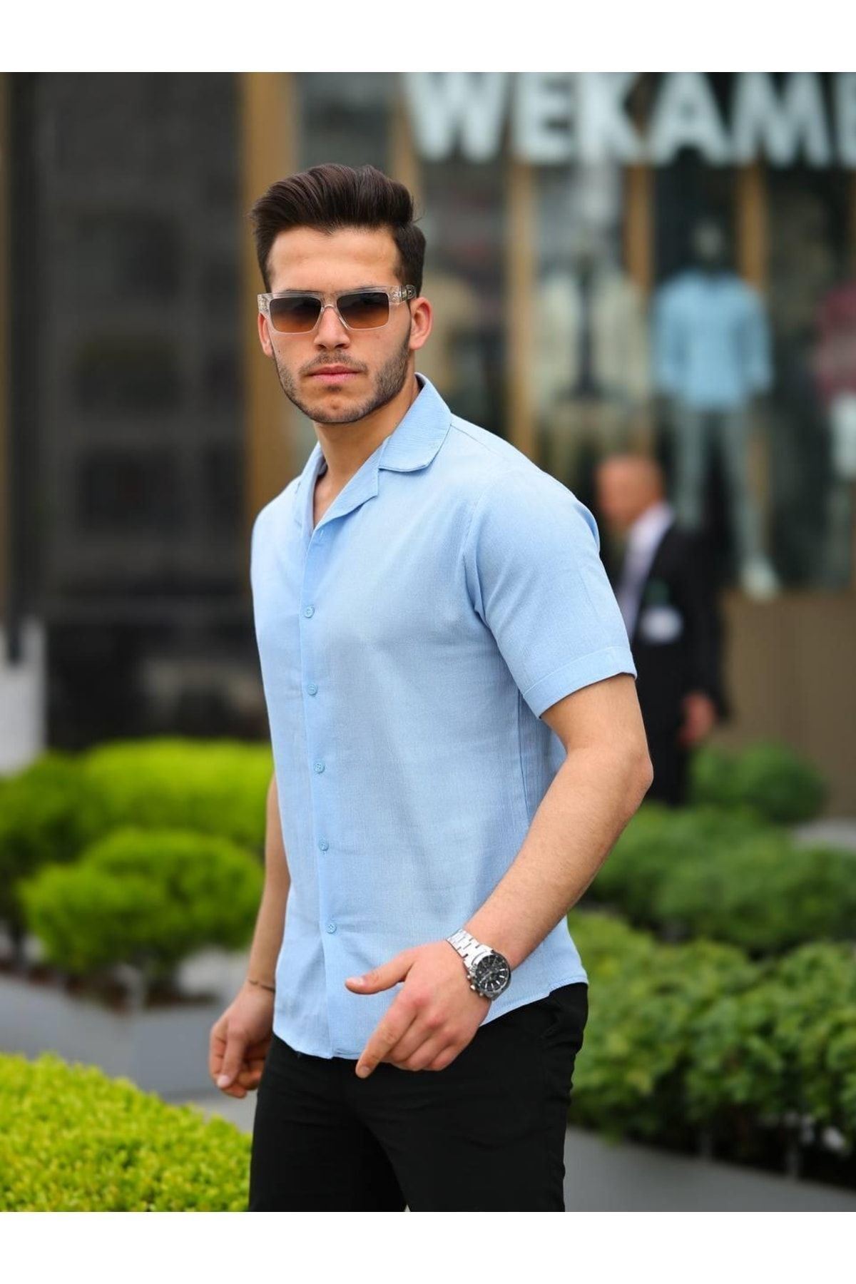 Erkek Keten Kumaş Kısa Kollu Şal Yaka Gömlek