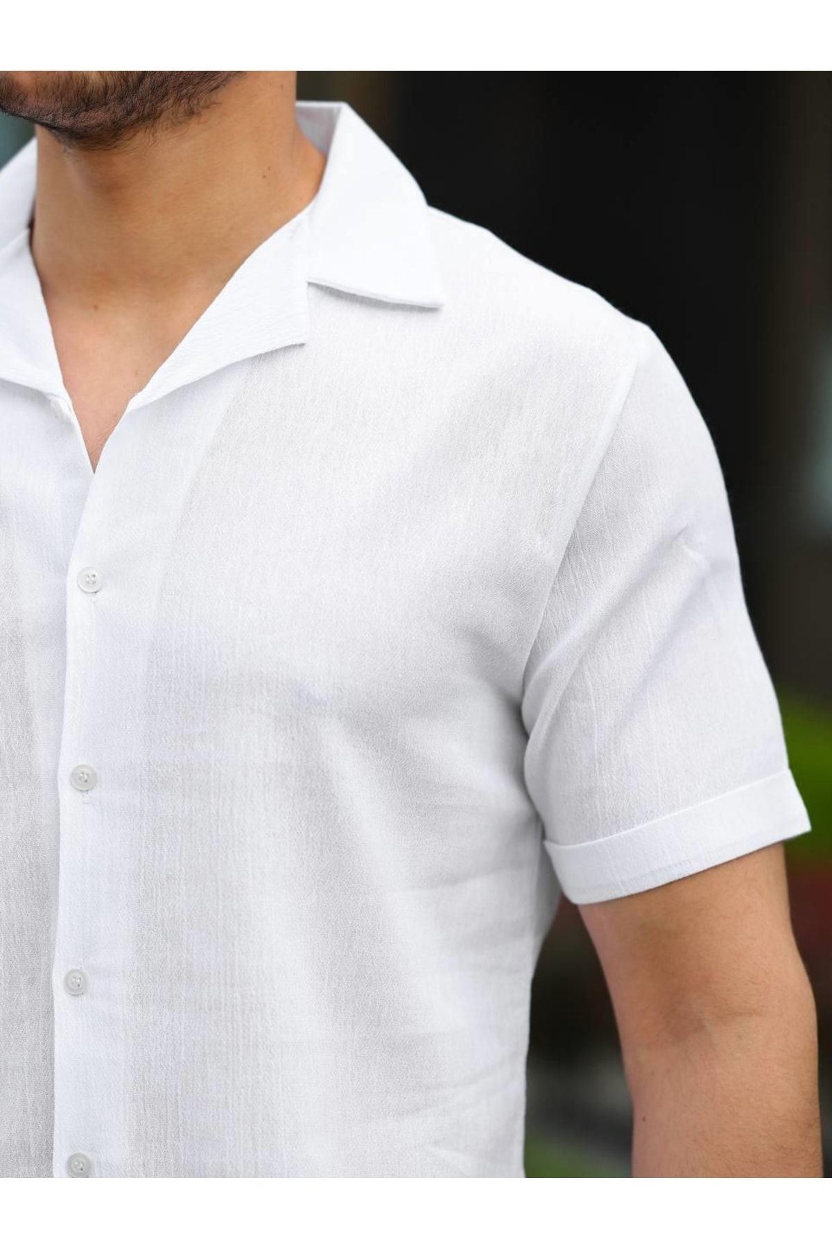 Erkek Keten Kumaş Kısa Kollu Şal Yaka Gömlek