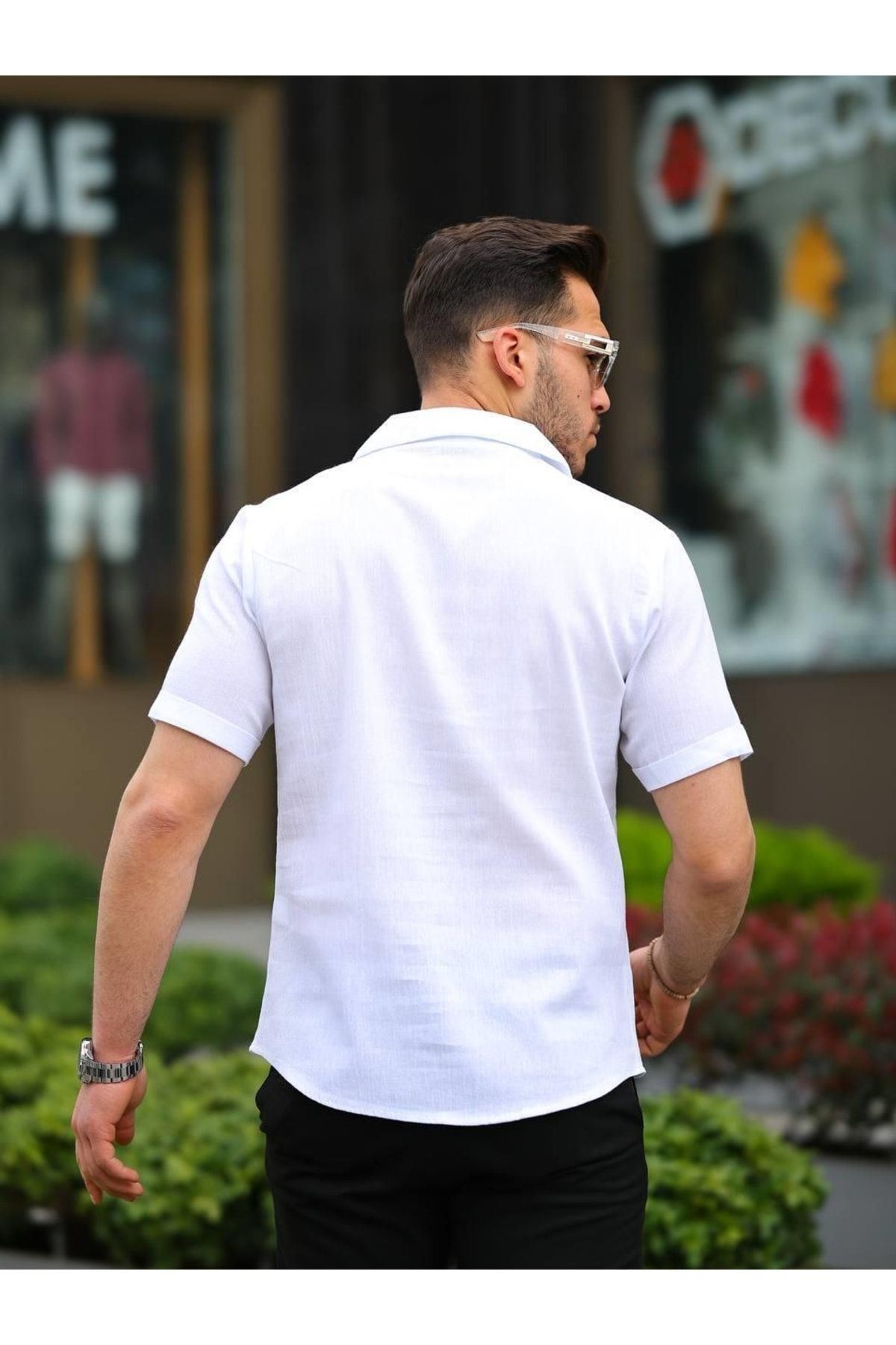 Erkek Keten Kumaş Kısa Kollu Şal Yaka Gömlek