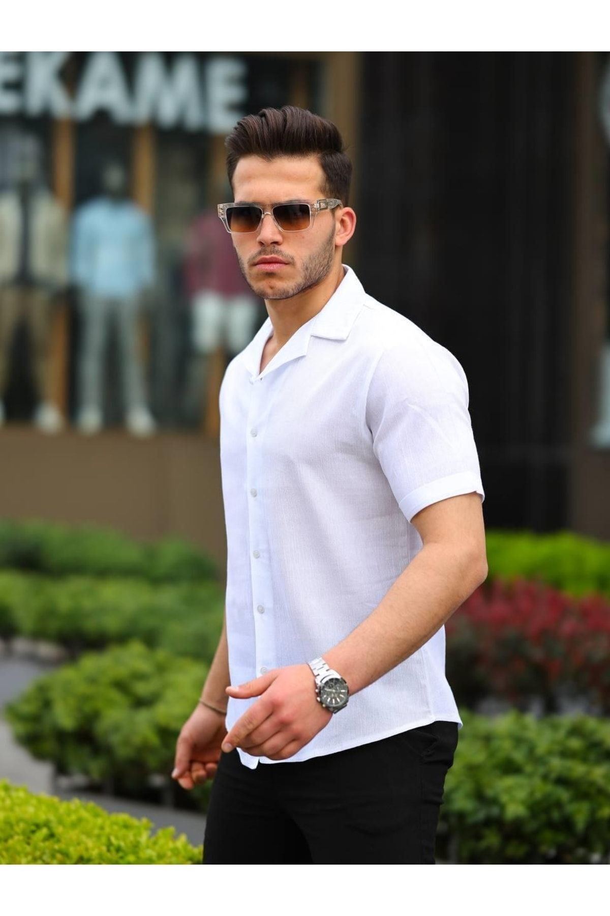 Erkek Keten Kumaş Kısa Kollu Şal Yaka Gömlek