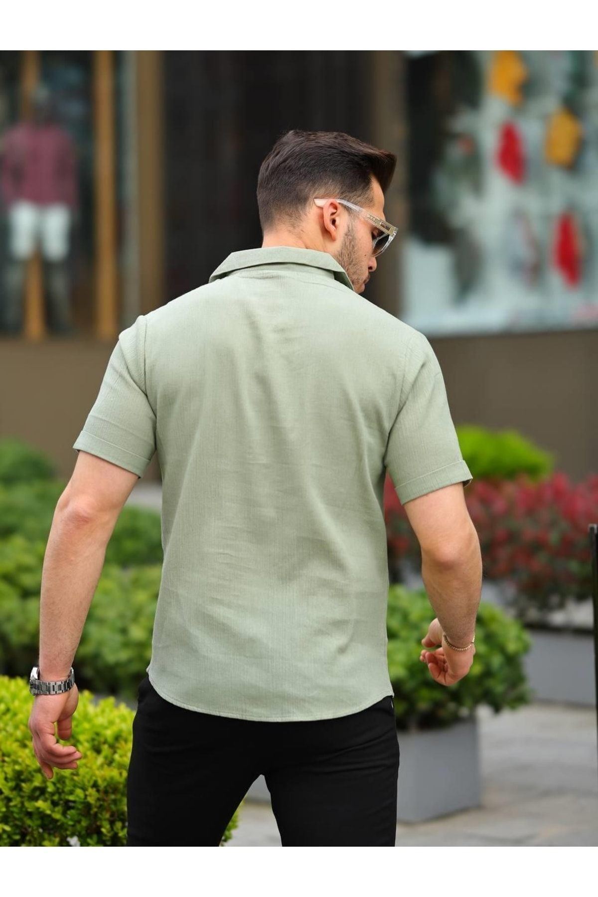 Erkek Keten Kumaş Kısa Kollu Şal Yaka Gömlek