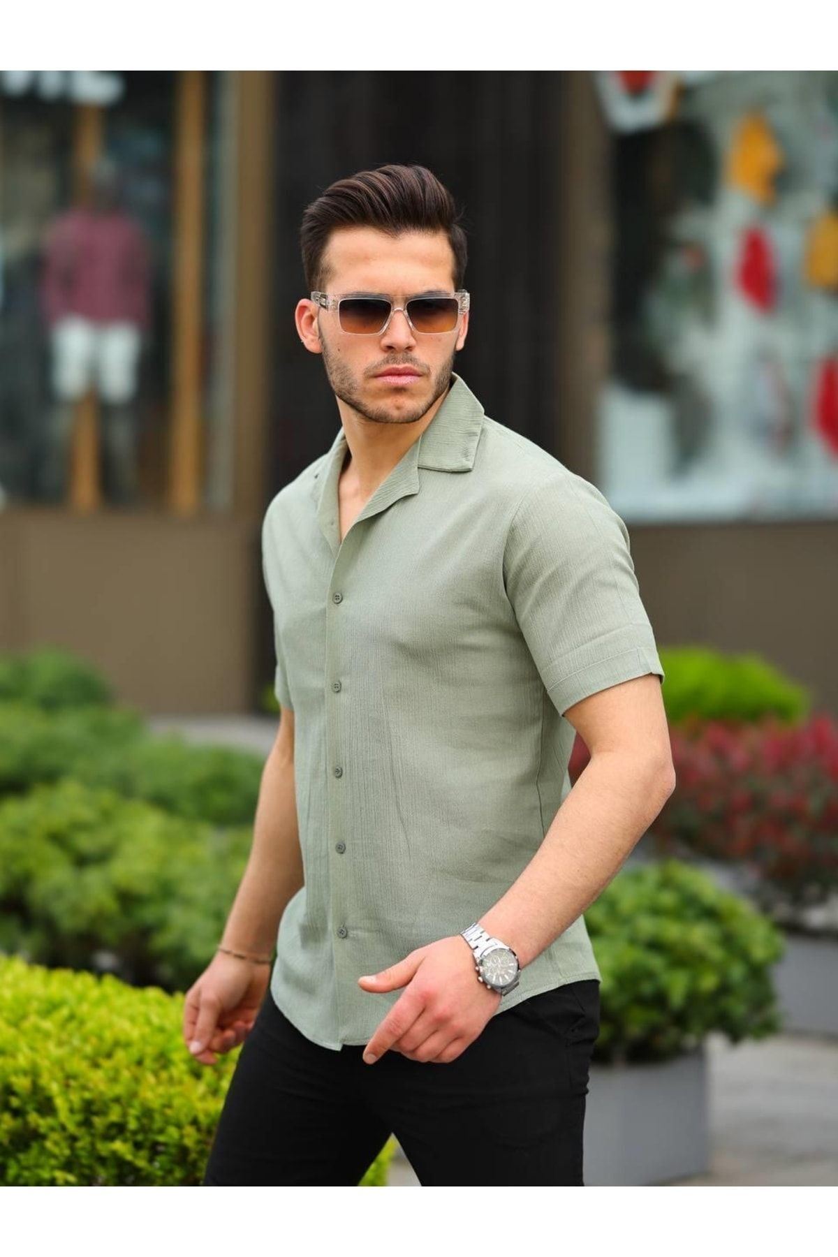 Erkek Keten Kumaş Kısa Kollu Şal Yaka Gömlek