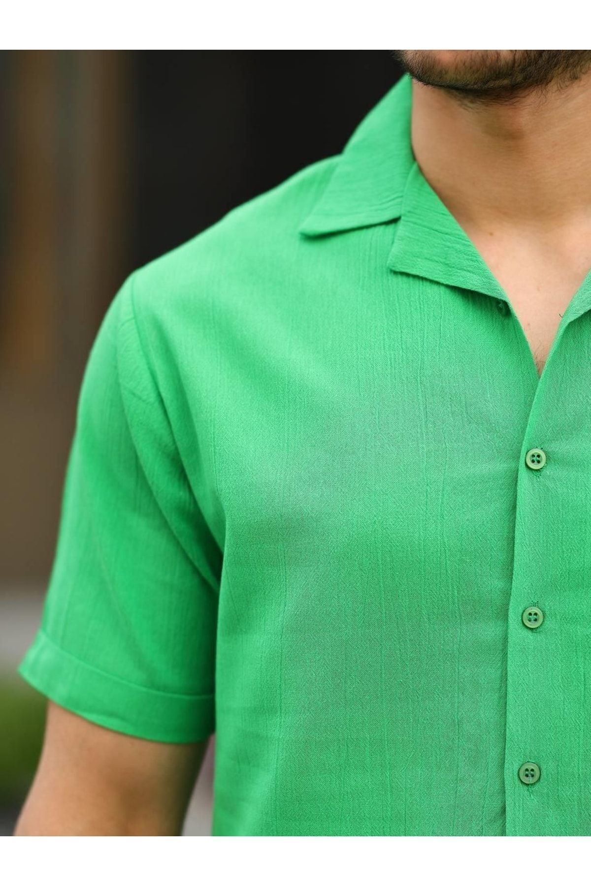 Erkek Keten Kumaş Kısa Kollu Şal Yaka Gömlek