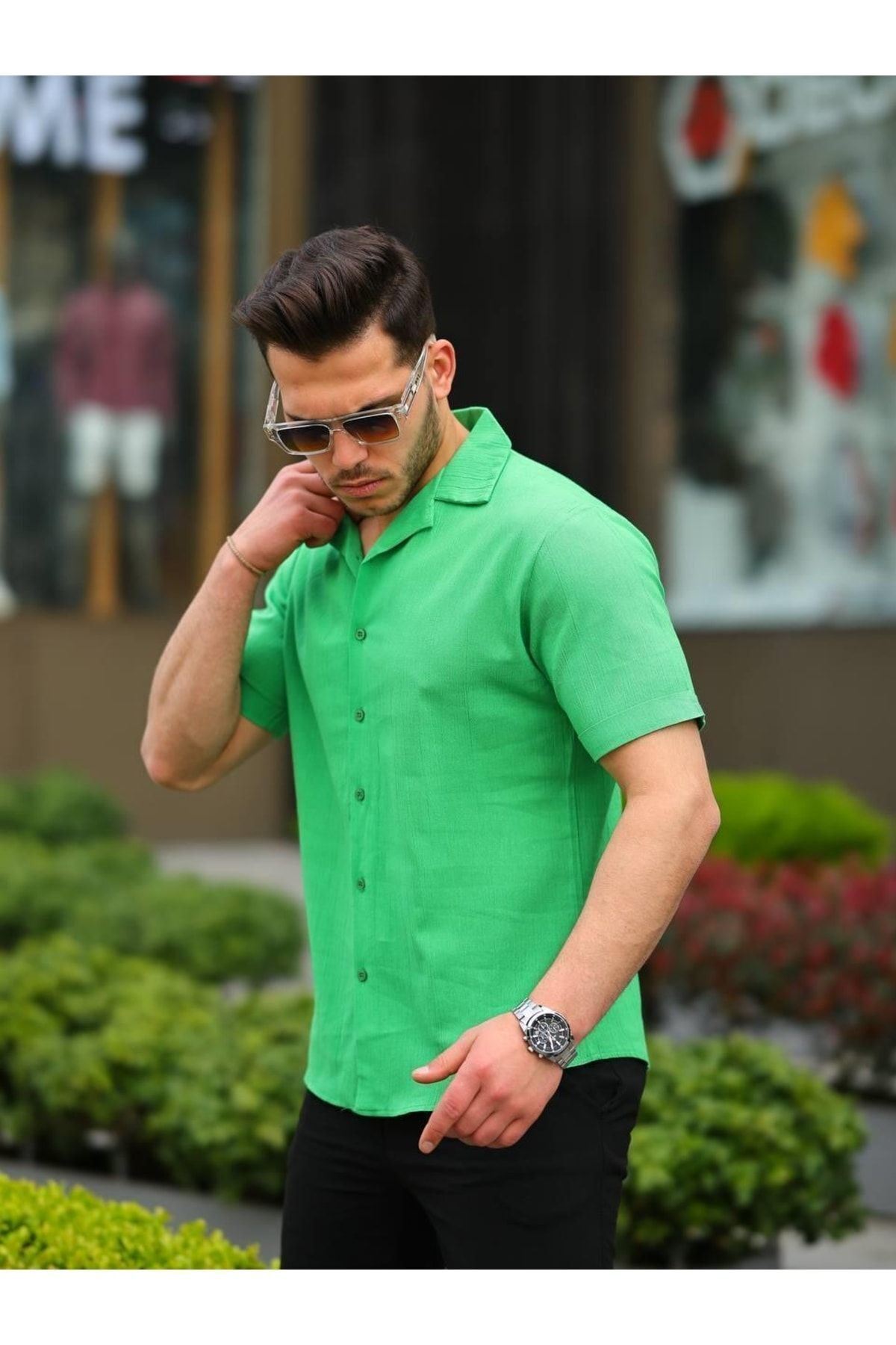 Erkek Keten Kumaş Kısa Kollu Şal Yaka Gömlek