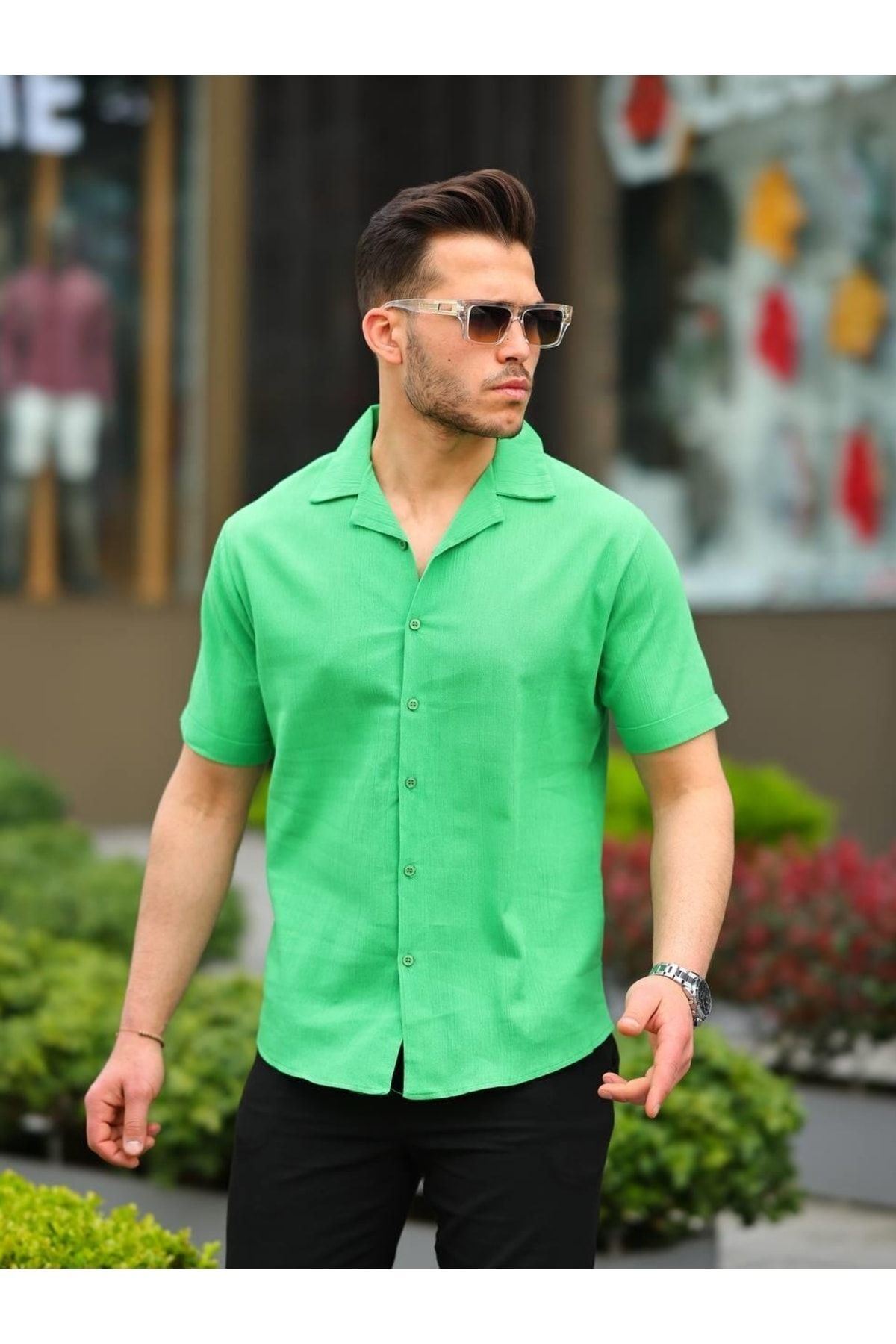 Erkek Keten Kumaş Kısa Kollu Şal Yaka Gömlek