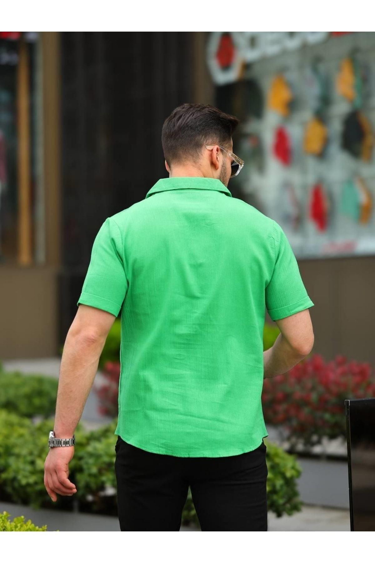 Erkek Keten Kumaş Kısa Kollu Şal Yaka Gömlek