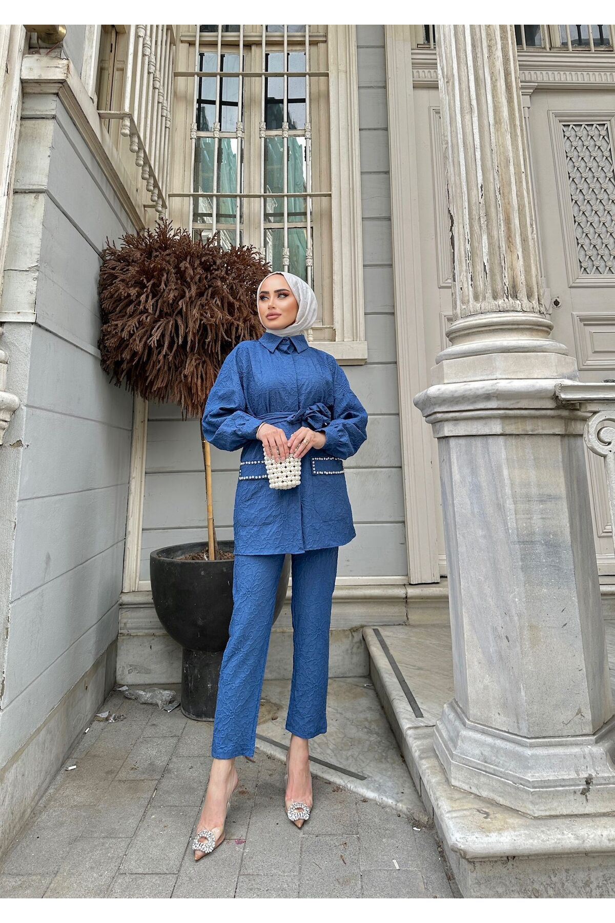 Kadın Jakarlı Bel Kuşaklı Cep Taşlı Alt Üst Takım