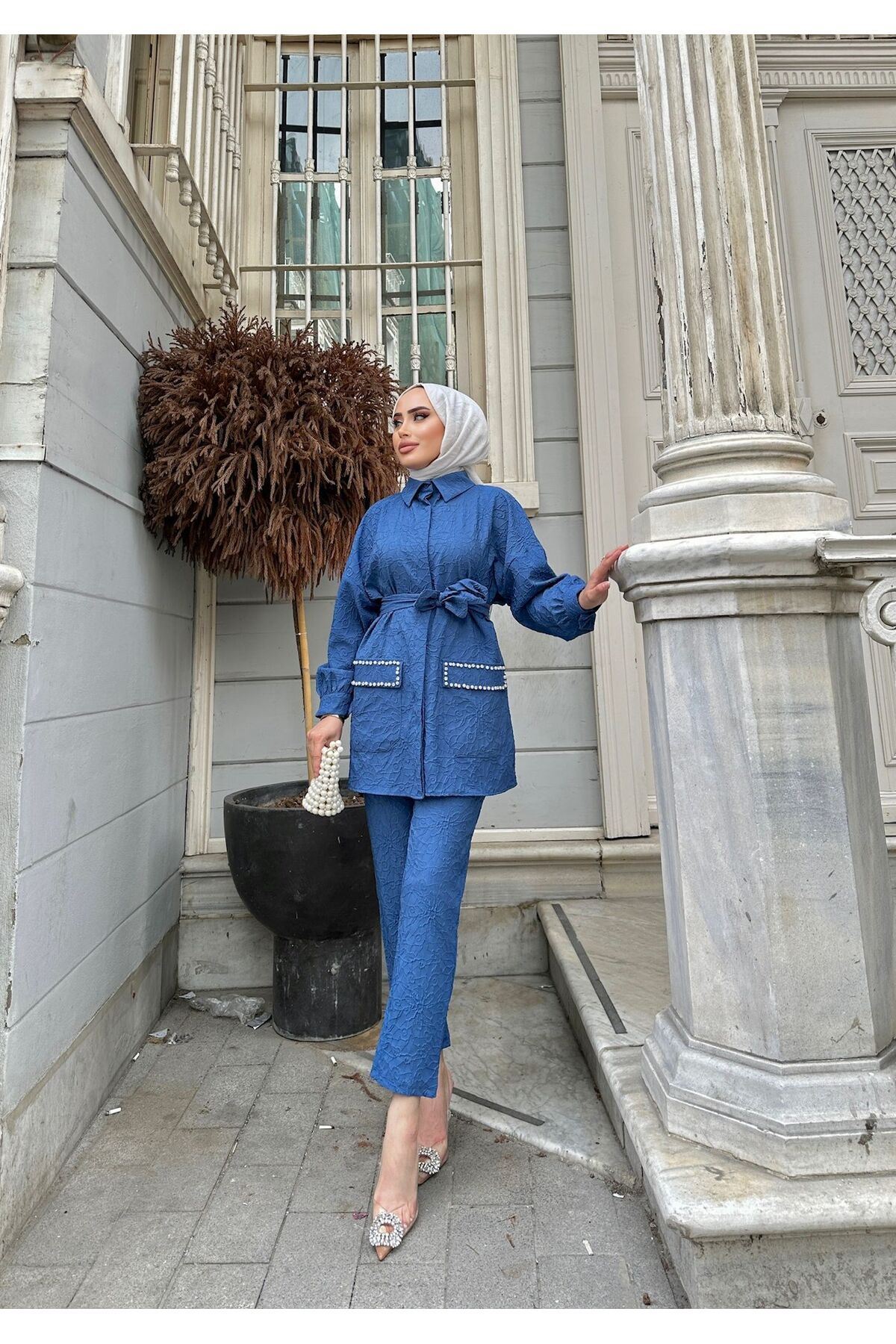 Kadın Jakarlı Bel Kuşaklı Cep Taşlı Alt Üst Takım