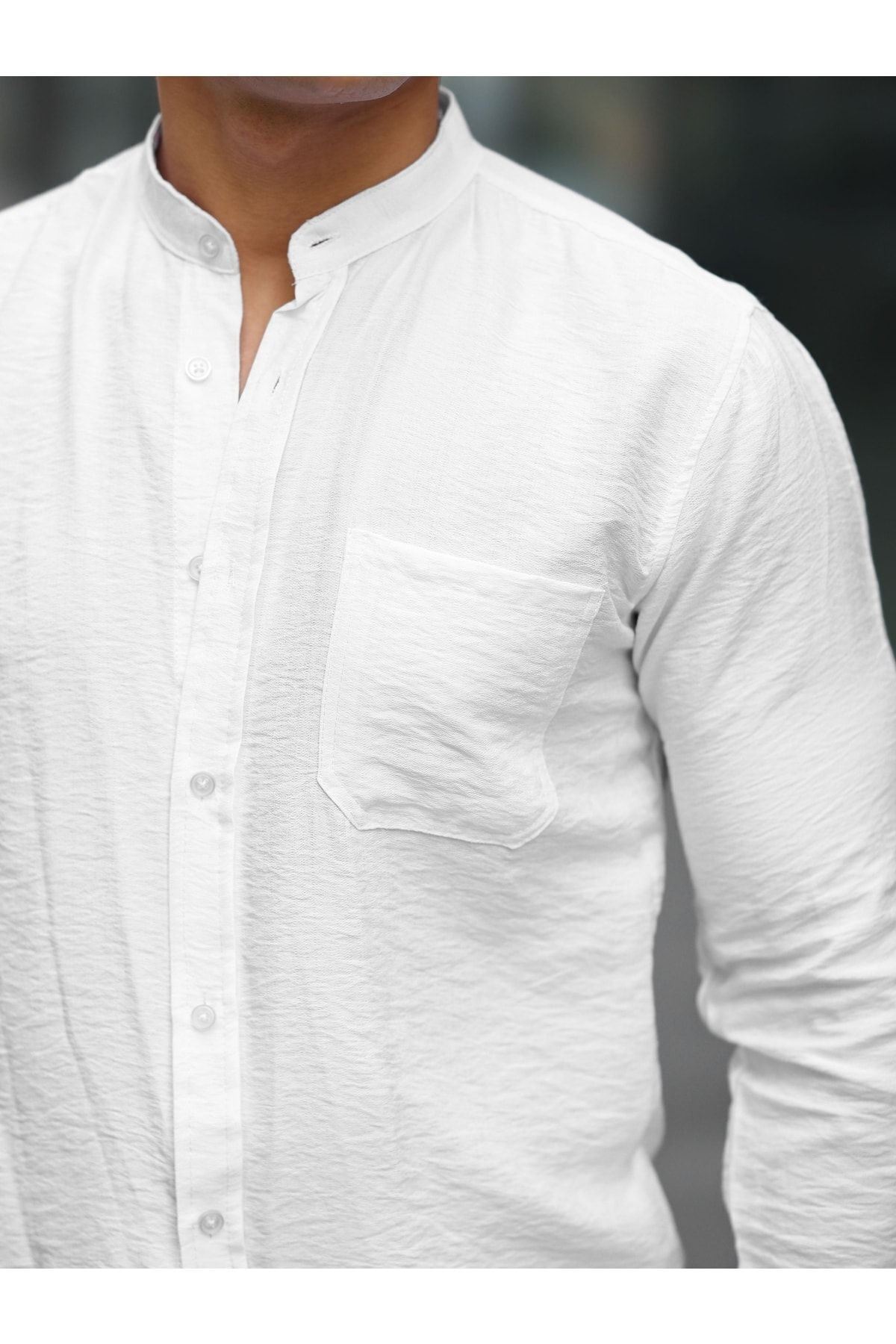 Erkek A Kalite Keten Slim Fit Kapaksız Hakim Yaka Uzun Kol Gömlek