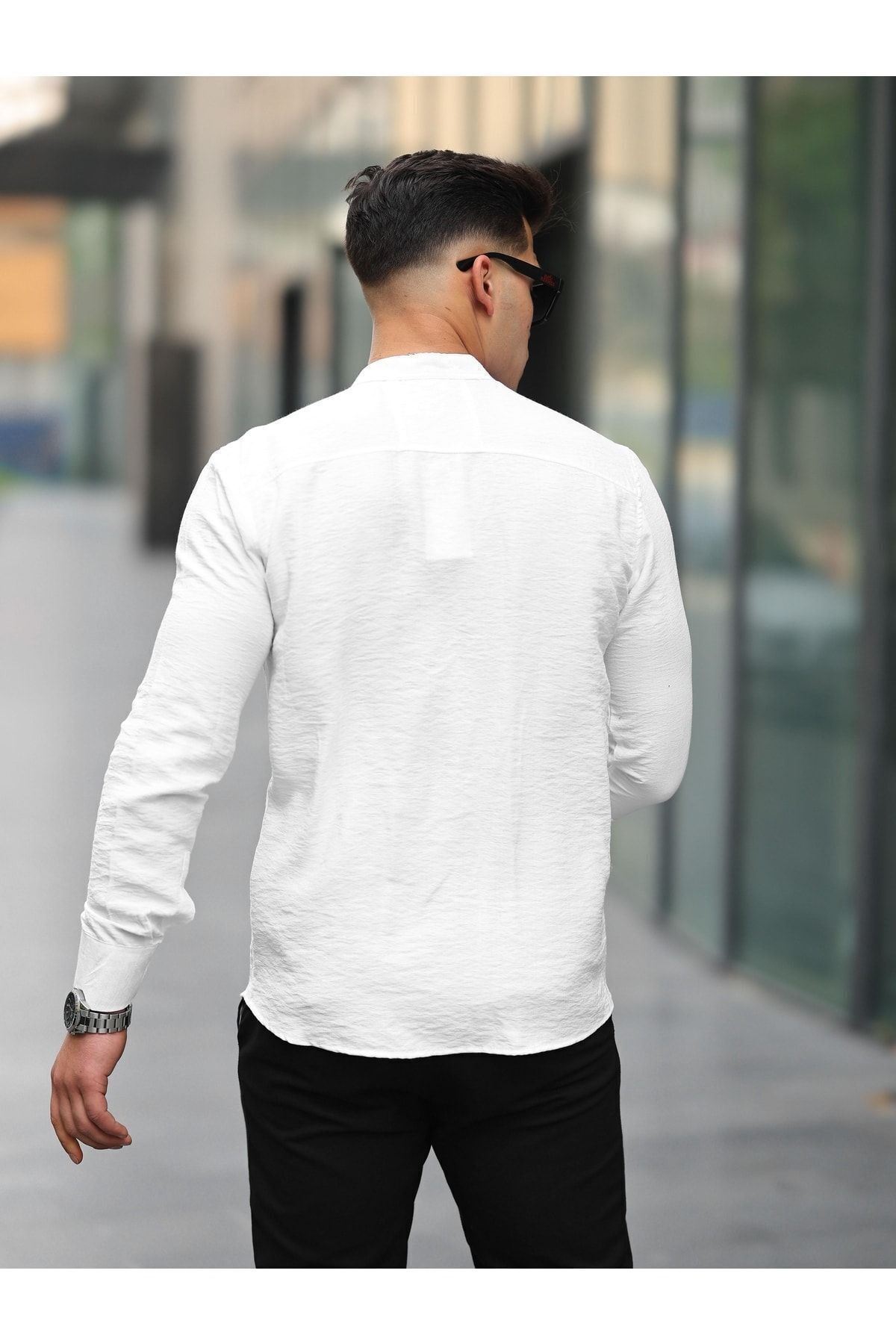 Erkek A Kalite Keten Slim Fit Kapaksız Hakim Yaka Uzun Kol Gömlek