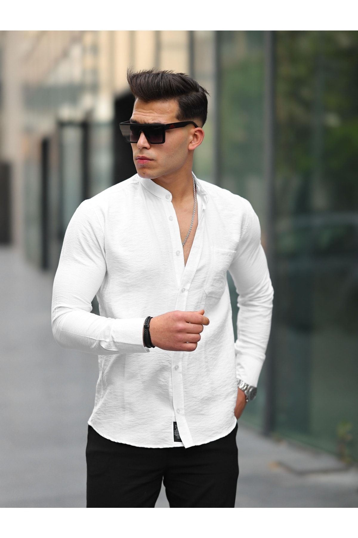 Erkek A Kalite Keten Slim Fit Kapaksız Hakim Yaka Uzun Kol Gömlek