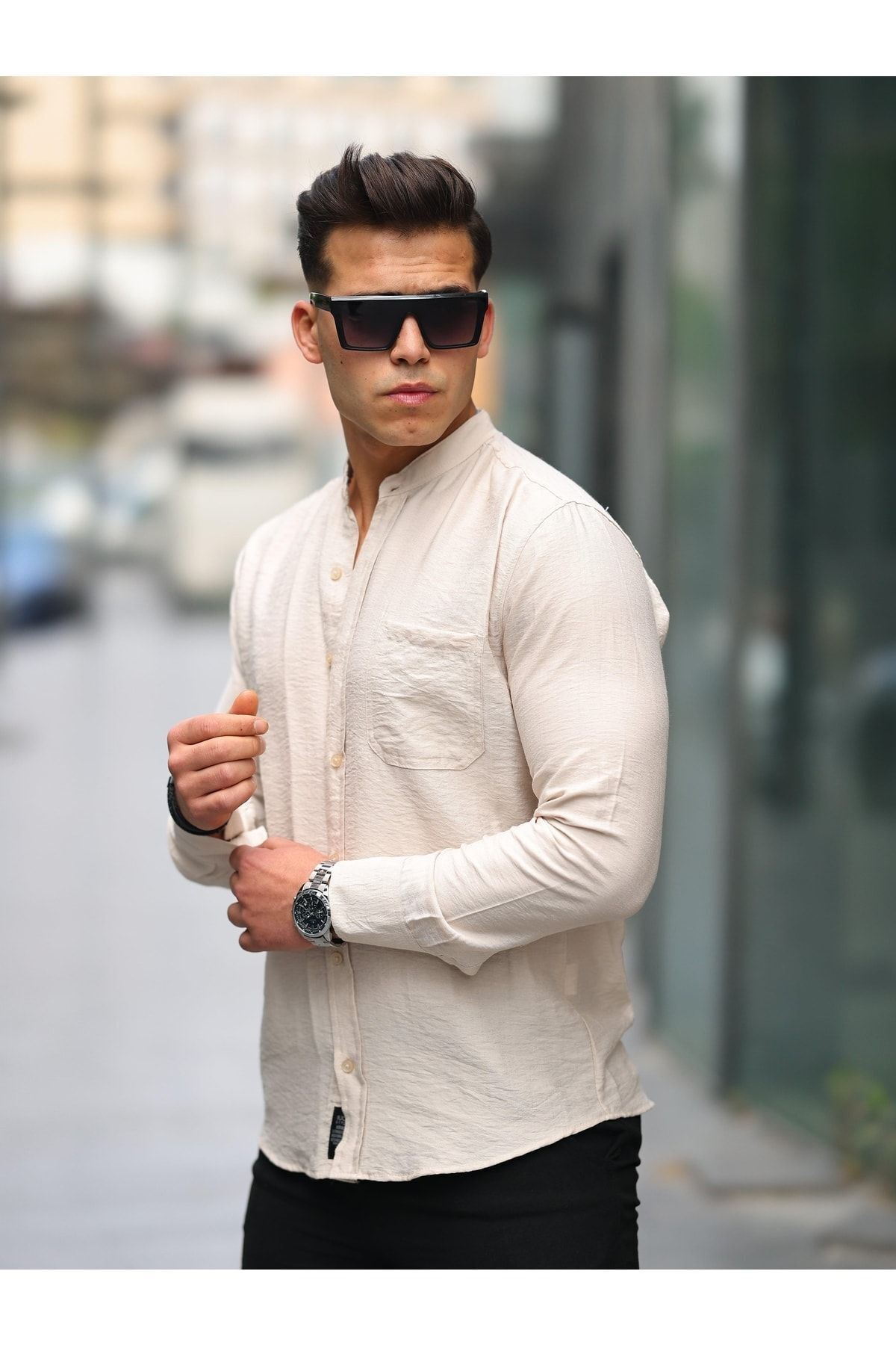 Erkek A Kalite Keten Slim Fit Kapaksız Hakim Yaka Uzun Kol Gömlek