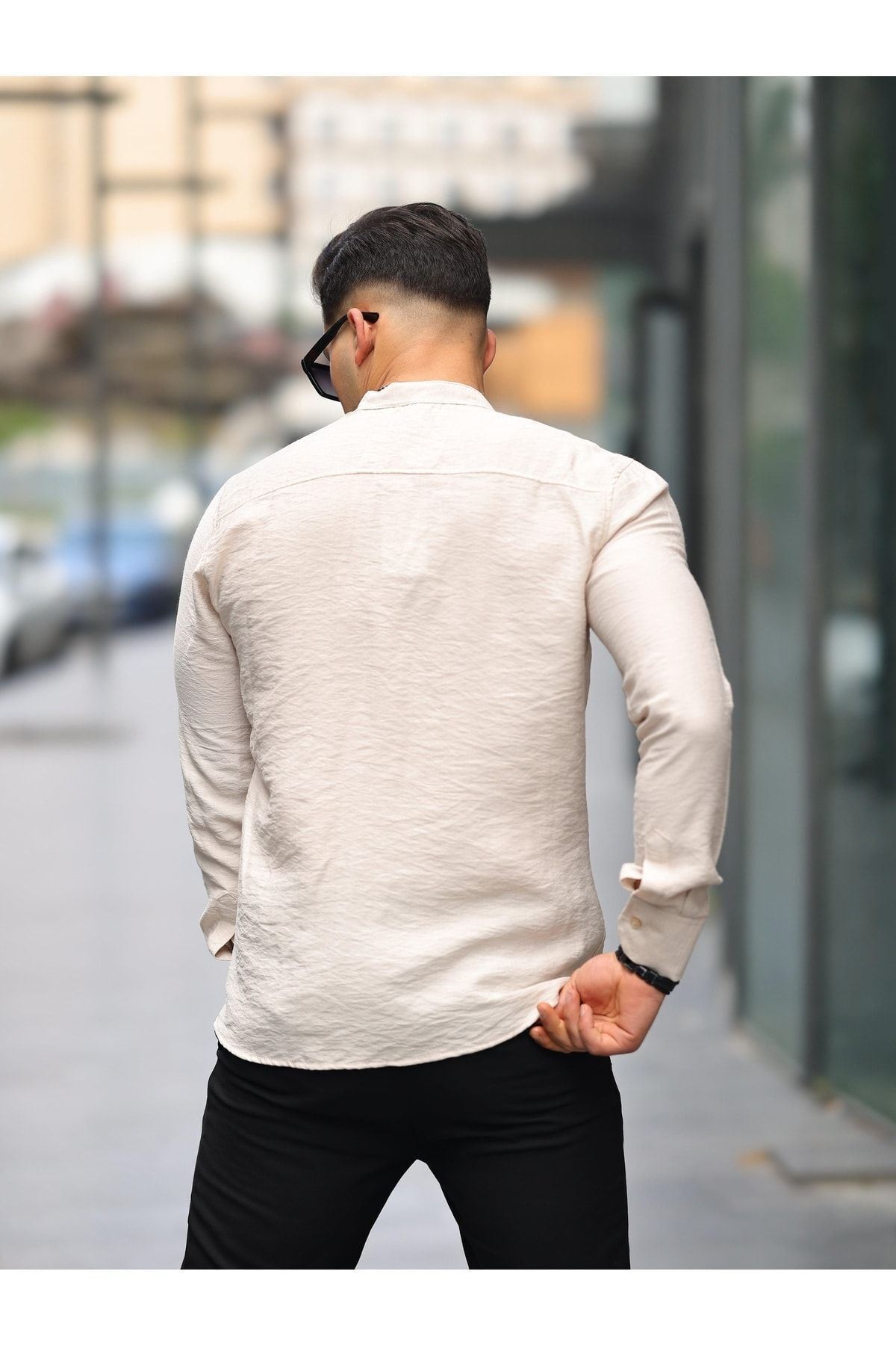 Erkek A Kalite Keten Slim Fit Kapaksız Hakim Yaka Uzun Kol Gömlek