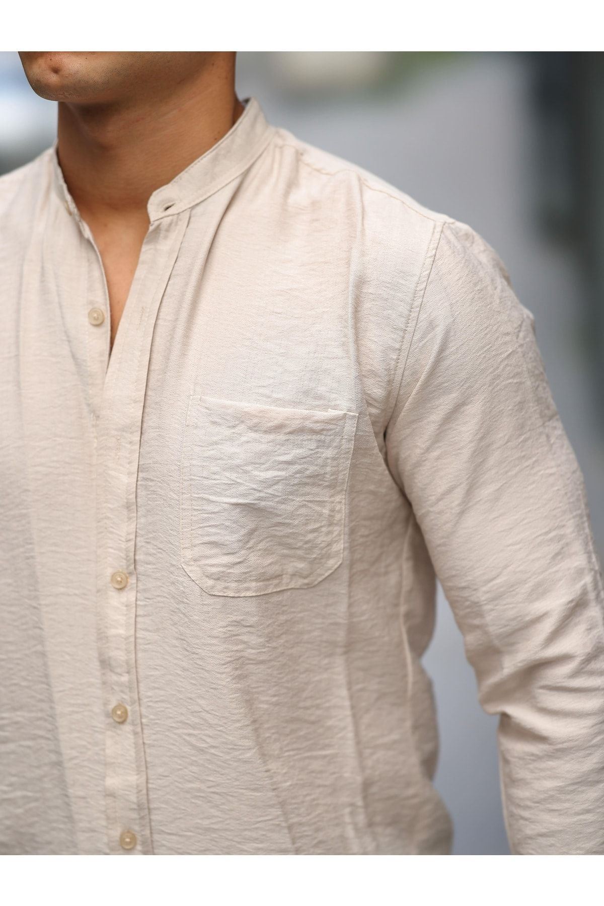 Erkek A Kalite Keten Slim Fit Kapaksız Hakim Yaka Uzun Kol Gömlek