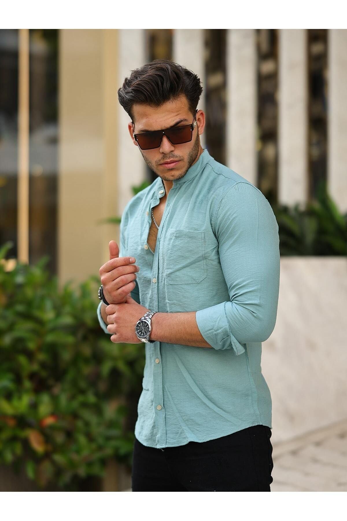 Erkek A Kalite Keten Slim Fit Kapaksız Hakim Yaka Uzun Kol Gömlek