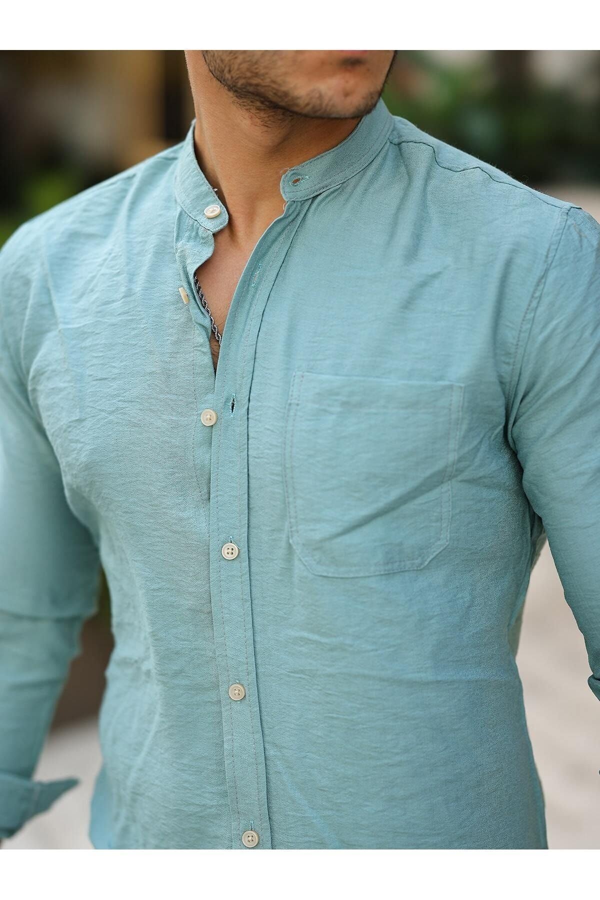 Erkek A Kalite Keten Slim Fit Kapaksız Hakim Yaka Uzun Kol Gömlek