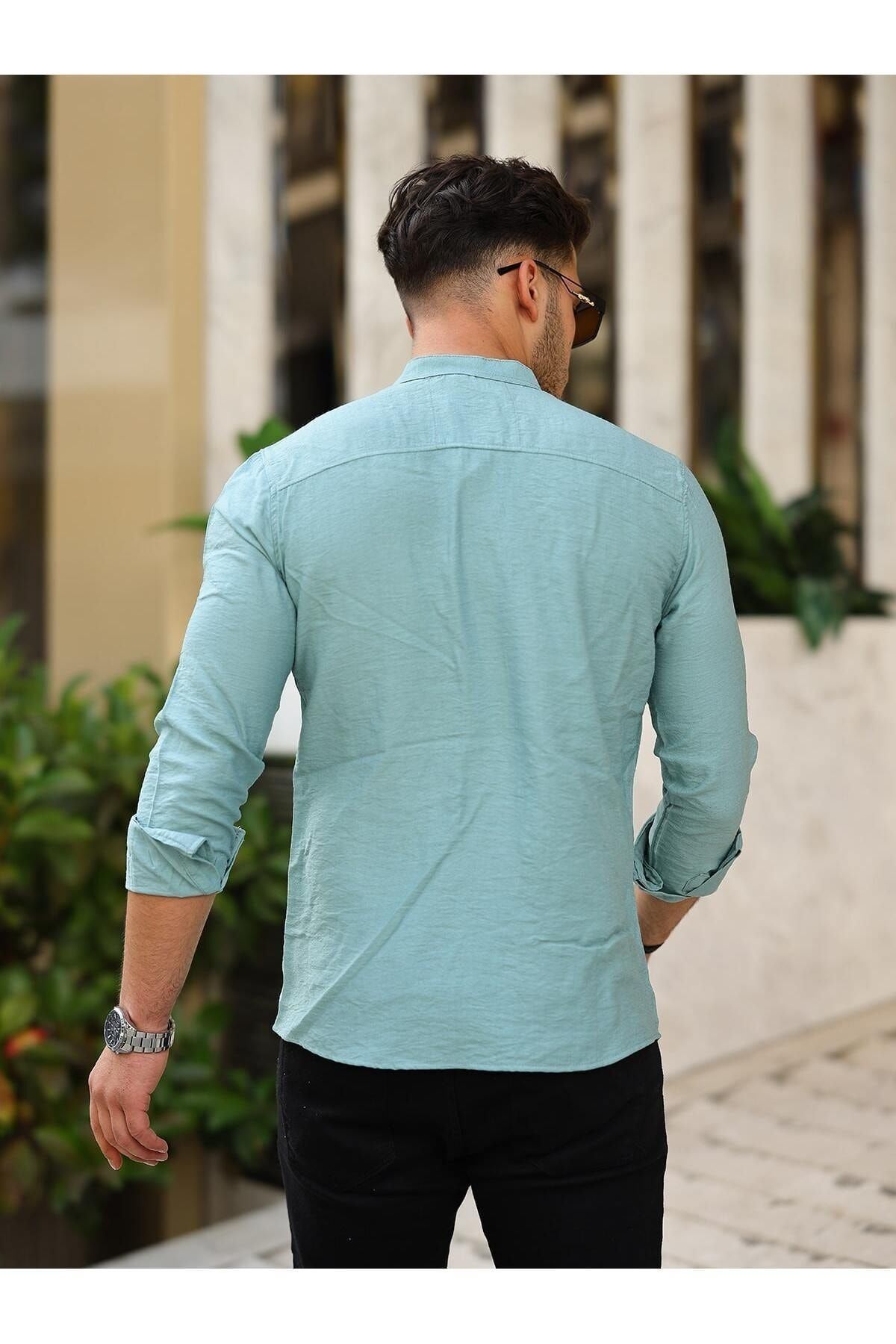 Erkek A Kalite Keten Slim Fit Kapaksız Hakim Yaka Uzun Kol Gömlek