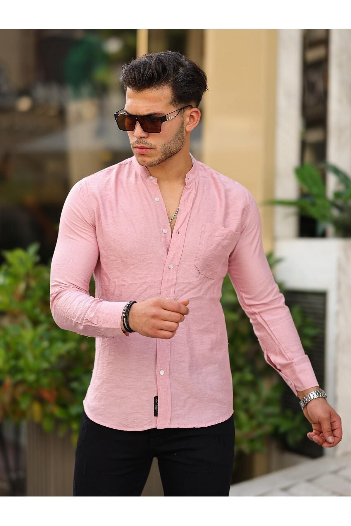 Erkek A Kalite Keten Slim Fit Kapaksız Hakim Yaka Uzun Kol Gömlek