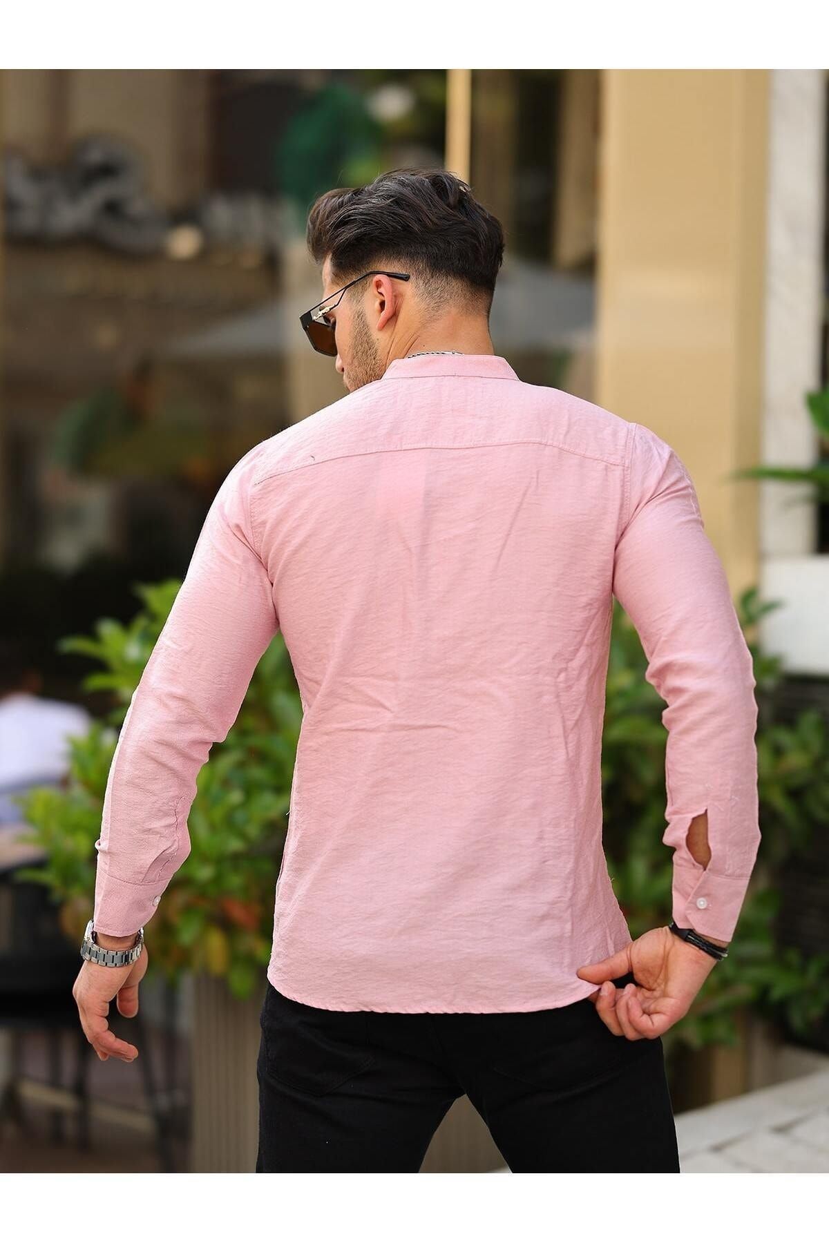 Erkek A Kalite Keten Slim Fit Kapaksız Hakim Yaka Uzun Kol Gömlek