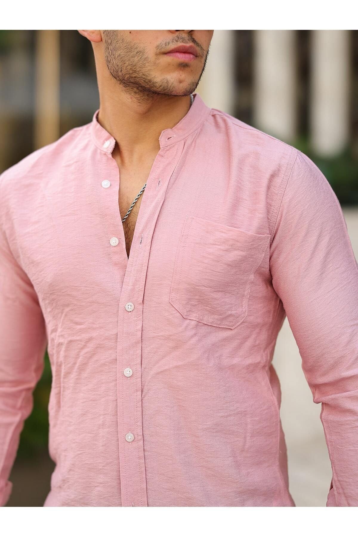 Erkek A Kalite Keten Slim Fit Kapaksız Hakim Yaka Uzun Kol Gömlek