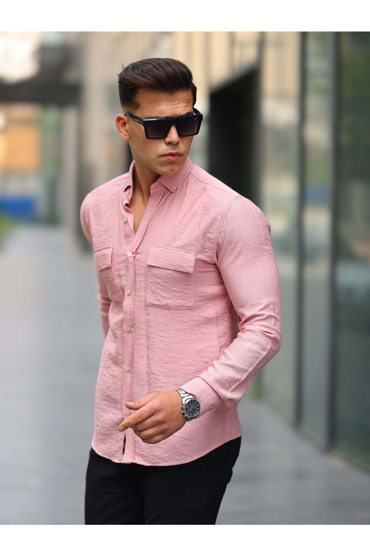 Erkek A Kalite Keten Slim Fit Uzun Kol Çift Kapaklı Gömlek