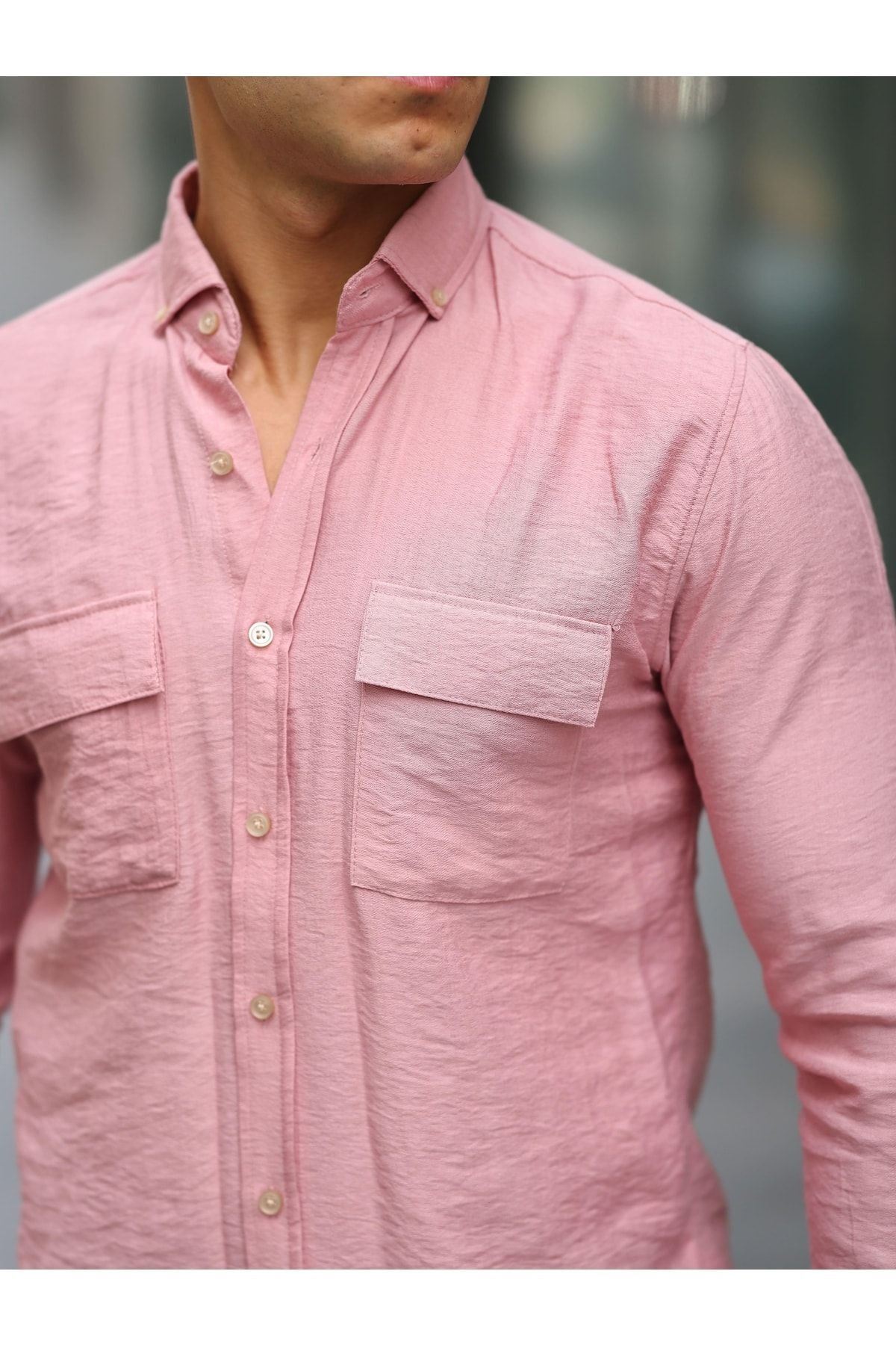 Erkek A Kalite Keten Slim Fit Uzun Kol Çift Kapaklı Gömlek