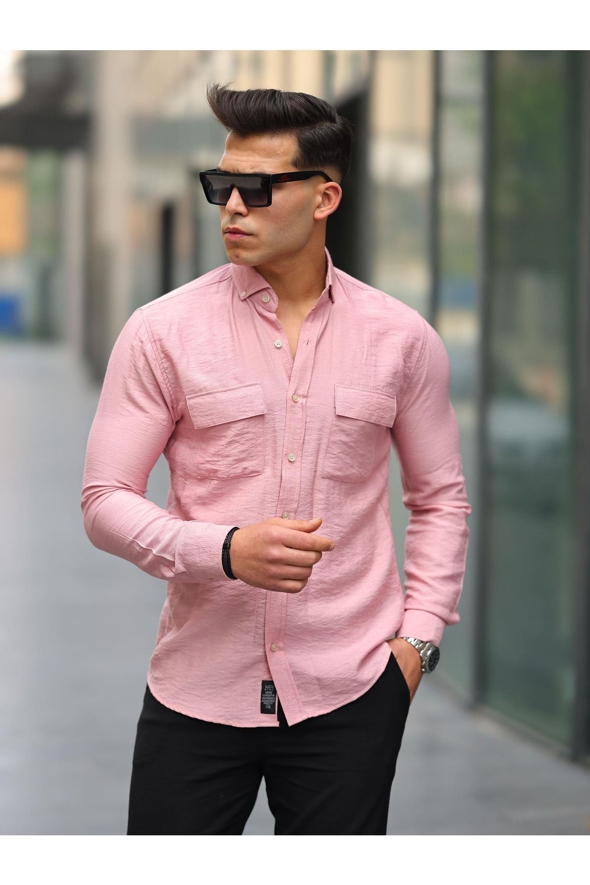 Erkek A Kalite Keten Slim Fit Uzun Kol Çift Kapaklı Gömlek