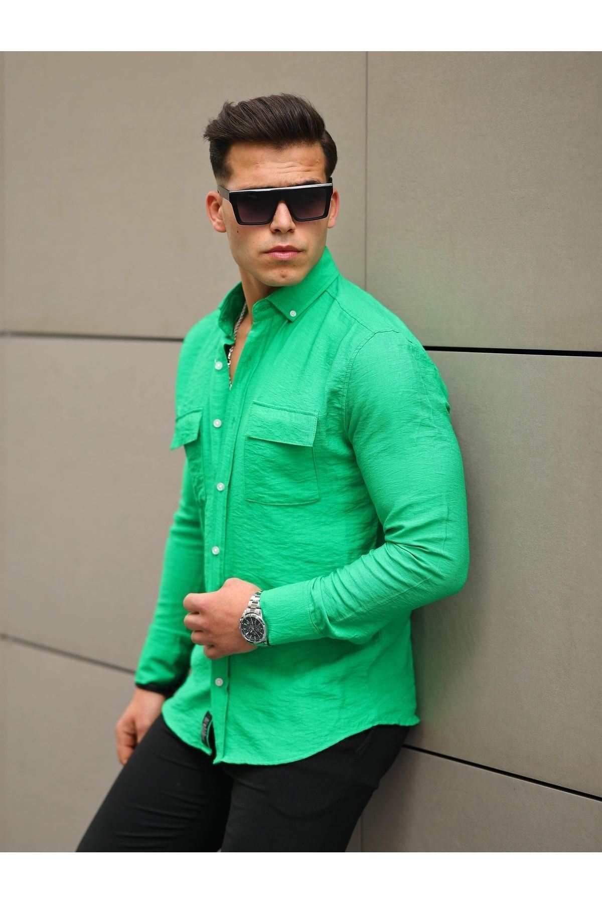 Erkek A Kalite Keten Slim Fit Uzun Kol Çift Kapaklı Gömlek