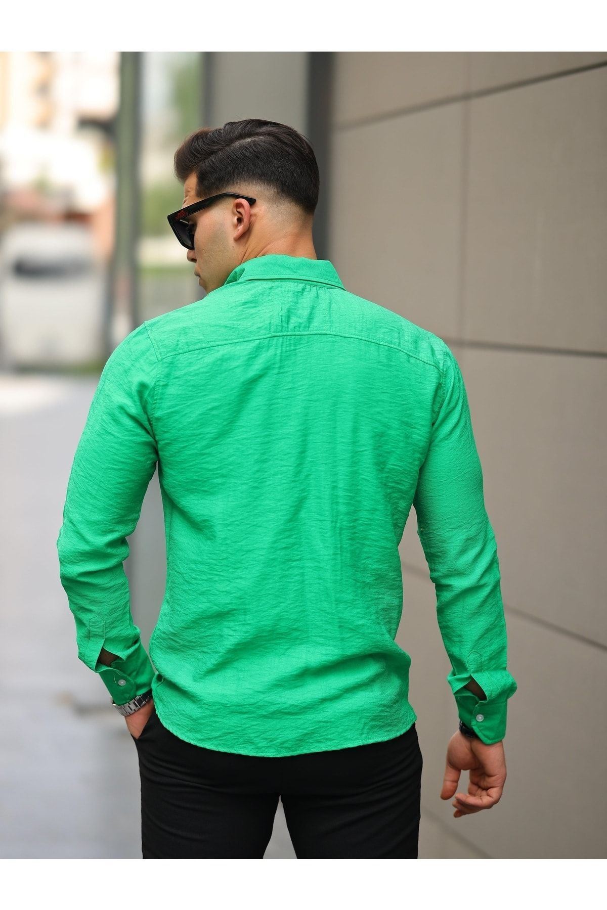 Erkek A Kalite Keten Slim Fit Uzun Kol Çift Kapaklı Gömlek