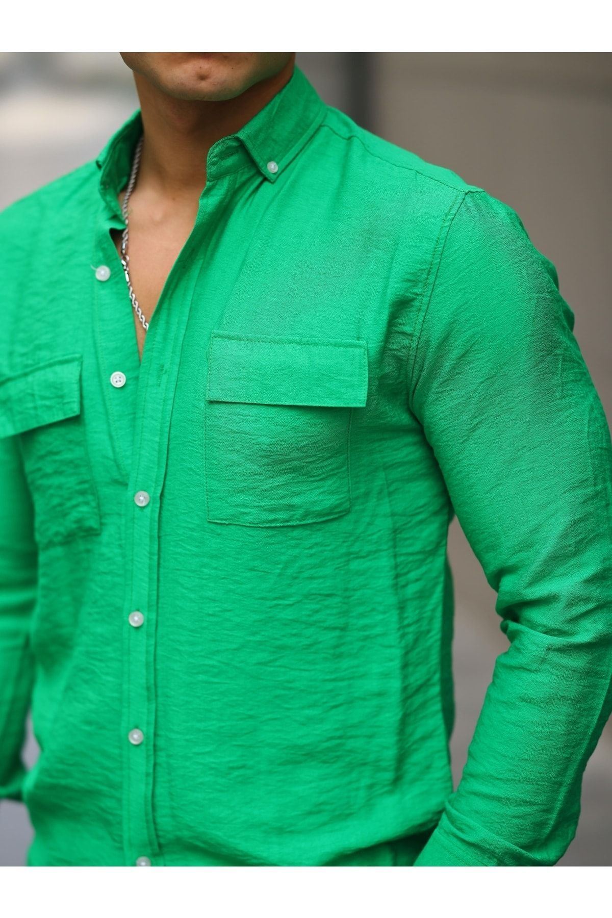 Erkek A Kalite Keten Slim Fit Uzun Kol Çift Kapaklı Gömlek