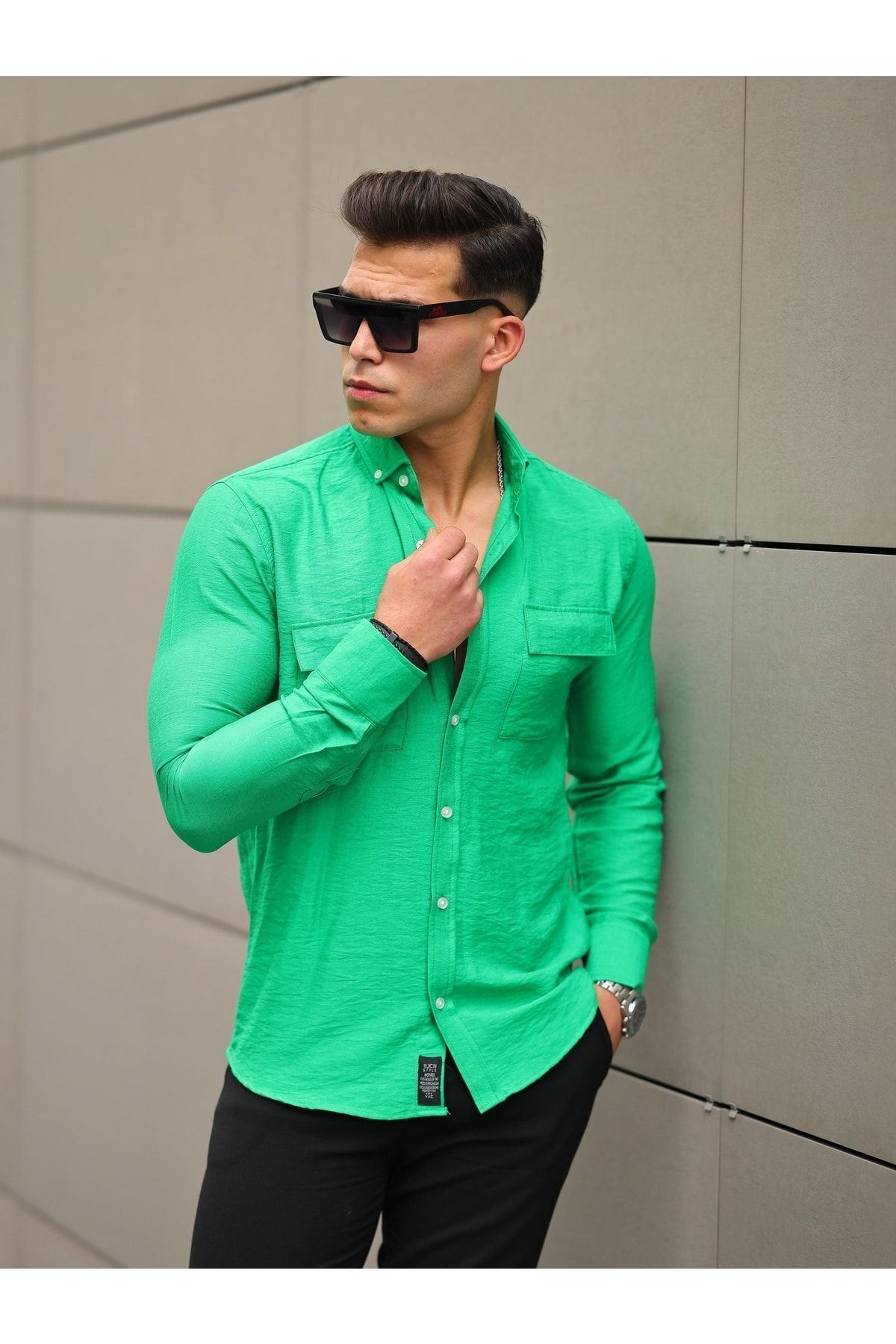 Erkek A Kalite Keten Slim Fit Uzun Kol Çift Kapaklı Gömlek