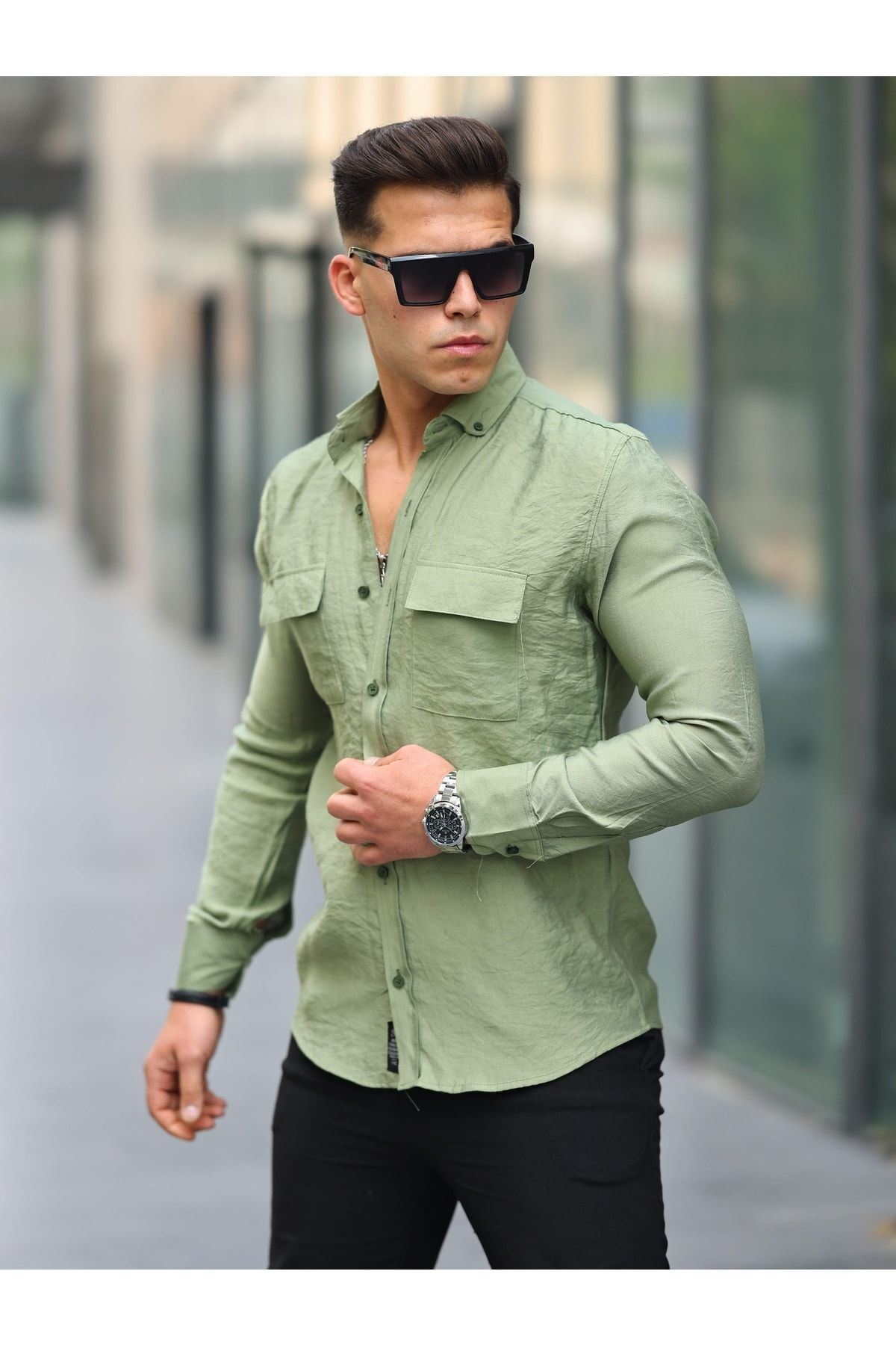 Erkek A Kalite Keten Slim Fit Uzun Kol Çift Kapaklı Gömlek