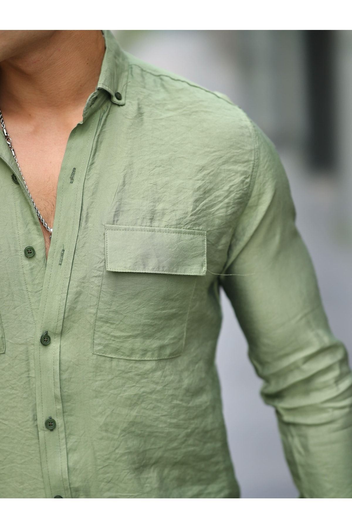 Erkek A Kalite Keten Slim Fit Uzun Kol Çift Kapaklı Gömlek