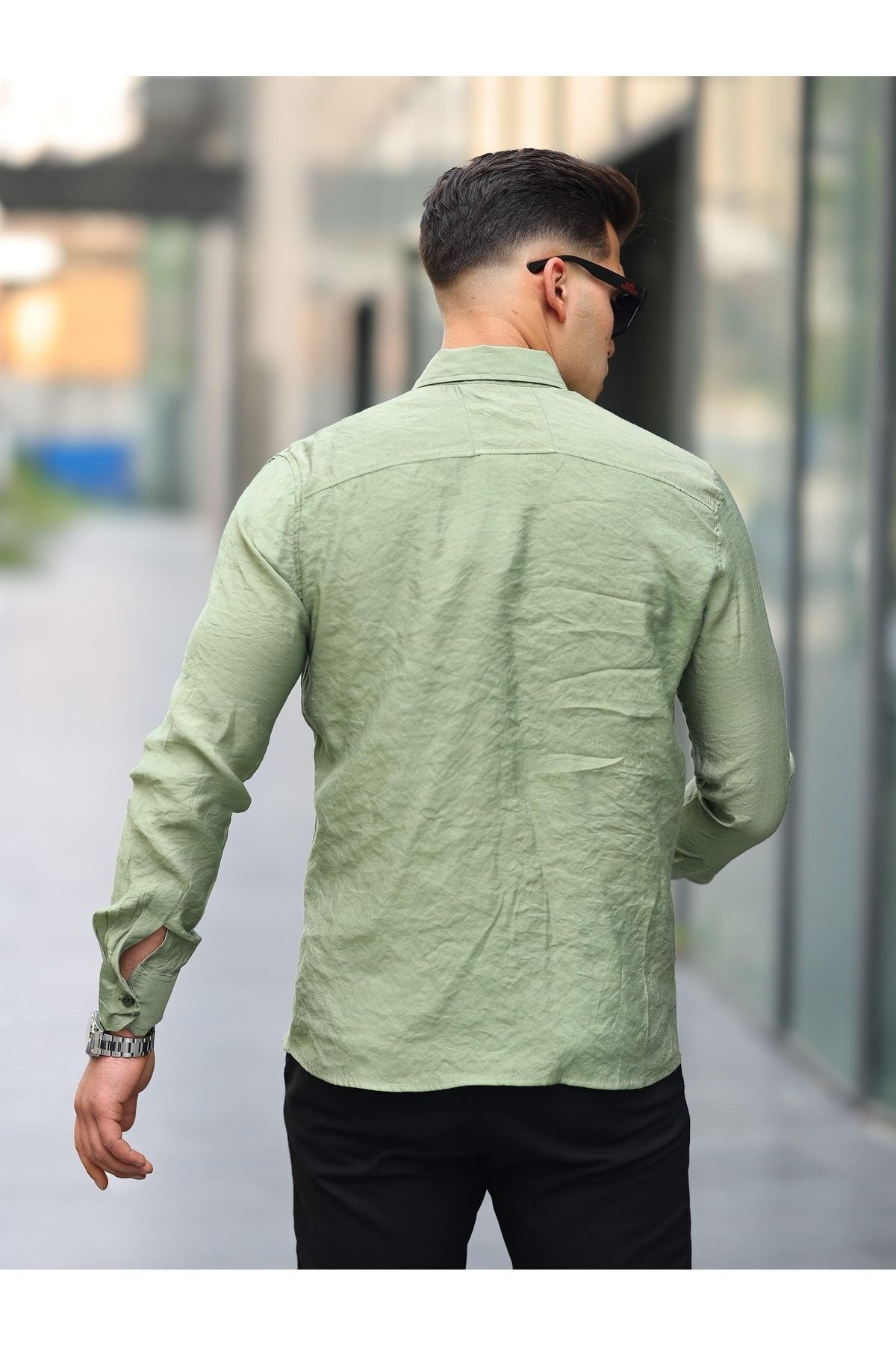 Erkek A Kalite Keten Slim Fit Uzun Kol Çift Kapaklı Gömlek