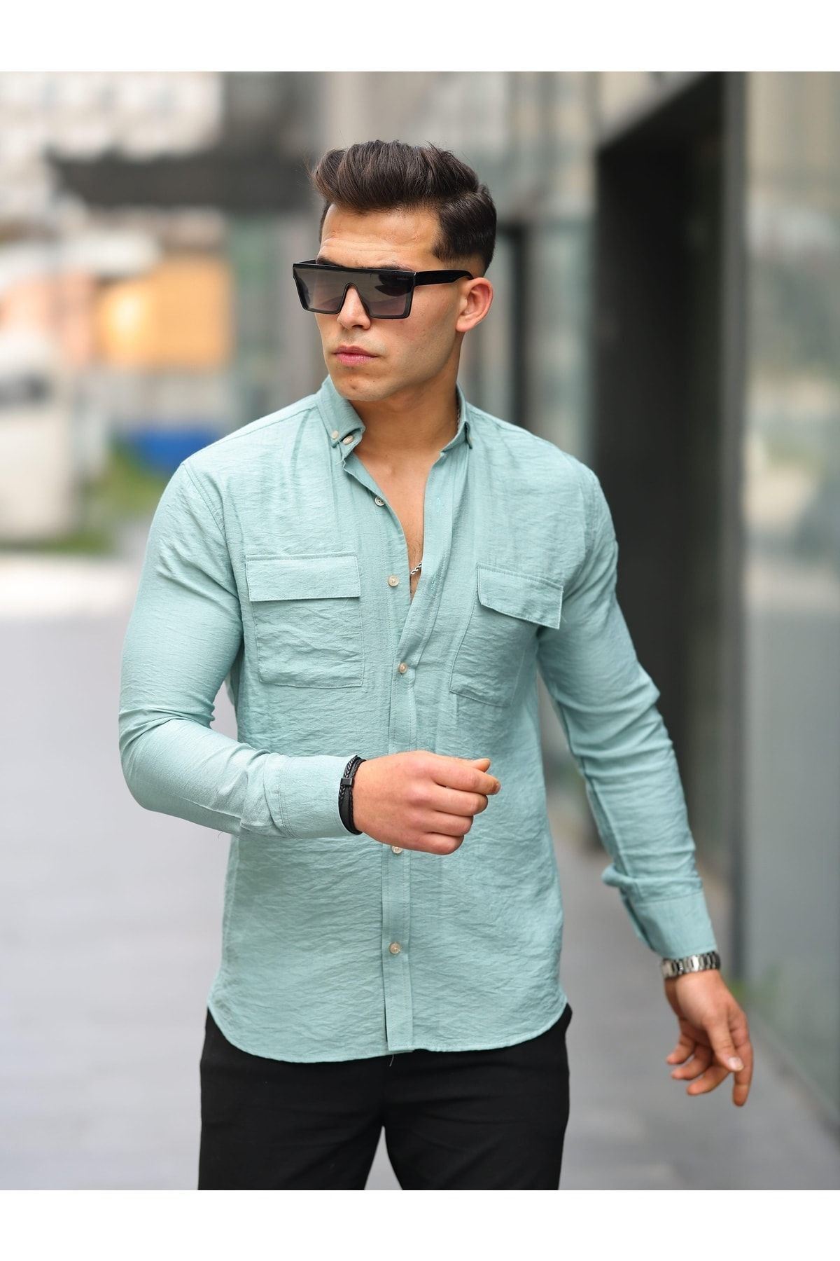 Erkek A Kalite Keten Slim Fit Uzun Kol Çift Kapaklı Gömlek