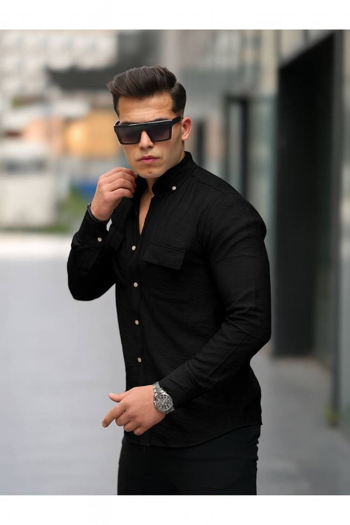 Erkek A Kalite Keten Slim Fit Uzun Kol Çift Kapaklı Gömlek