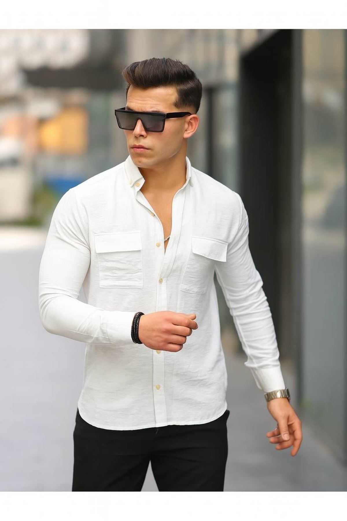 Erkek A Kalite Keten Slim Fit Uzun Kol Çift Kapaklı Gömlek