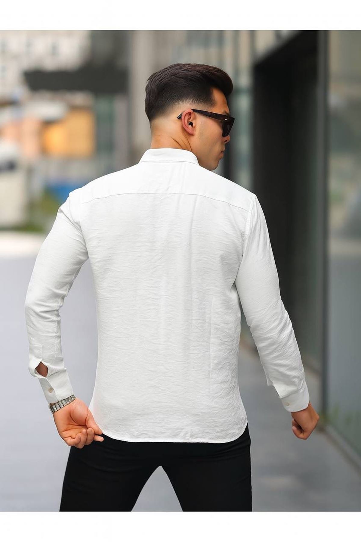 Erkek A Kalite Keten Slim Fit Uzun Kol Çift Kapaklı Gömlek