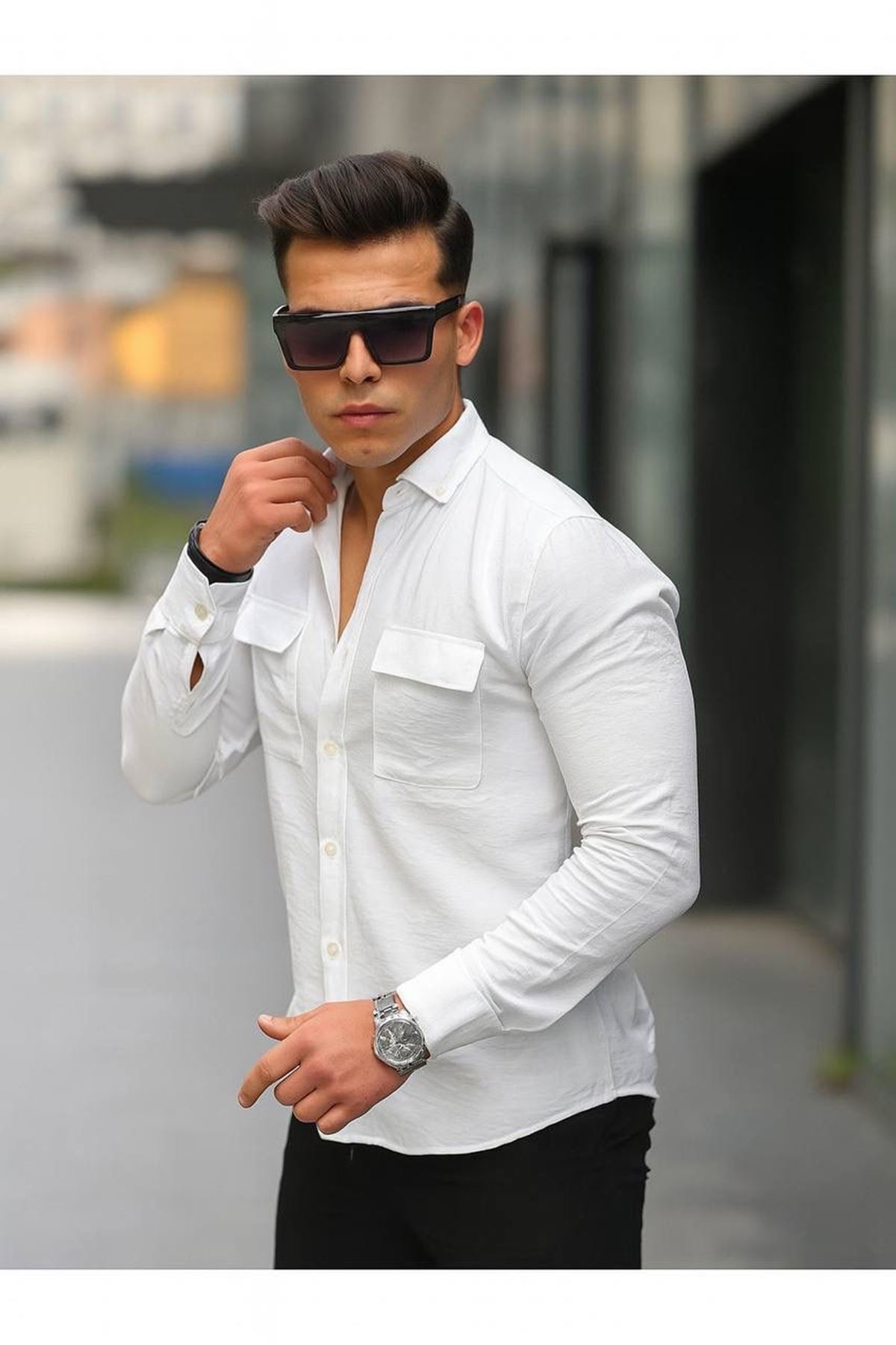 Erkek A Kalite Keten Slim Fit Uzun Kol Çift Kapaklı Gömlek