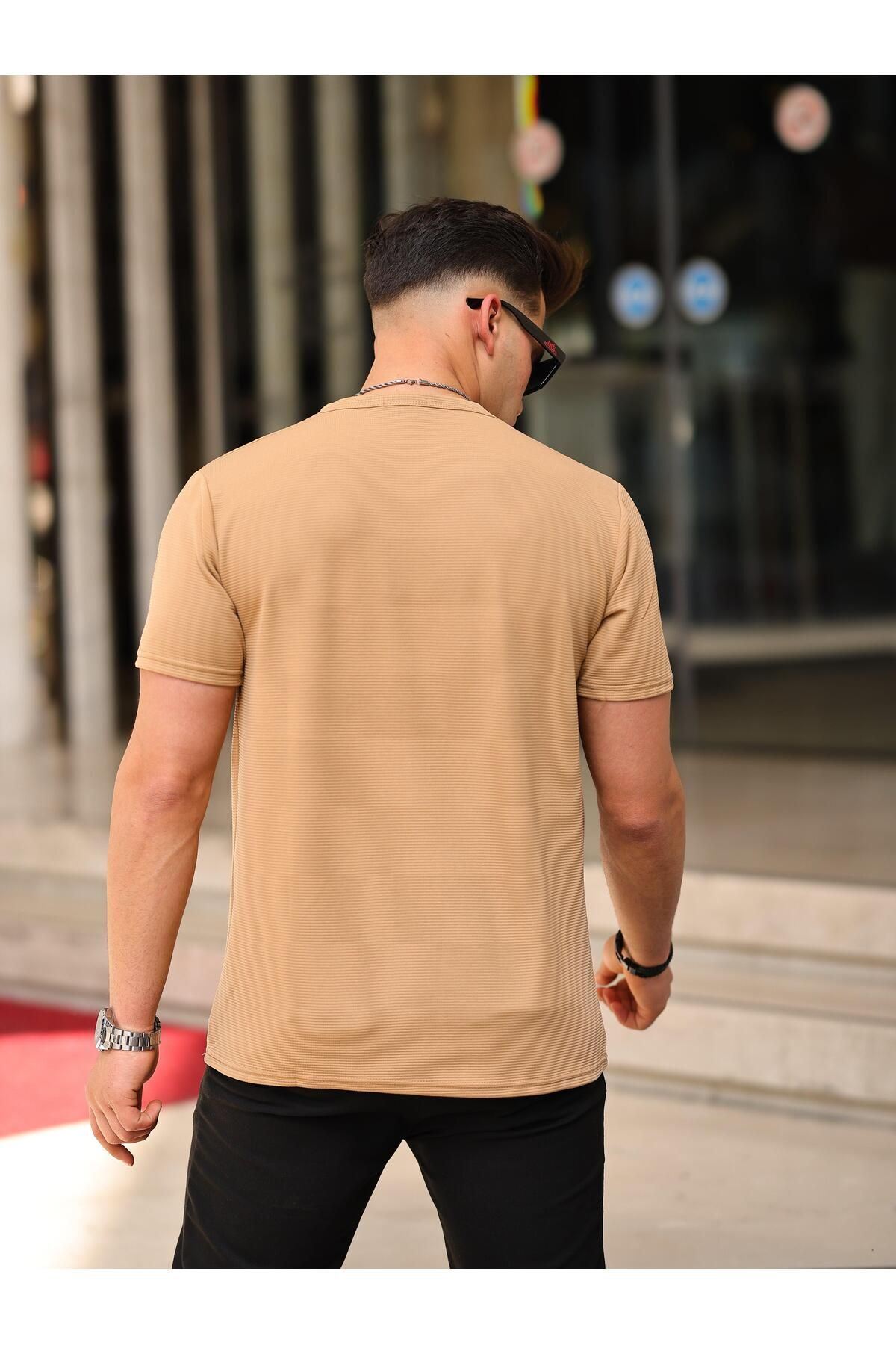 Erkek Slim Fit Waffle Kumaş Sıfır Yaka Nakışlı T-shirt