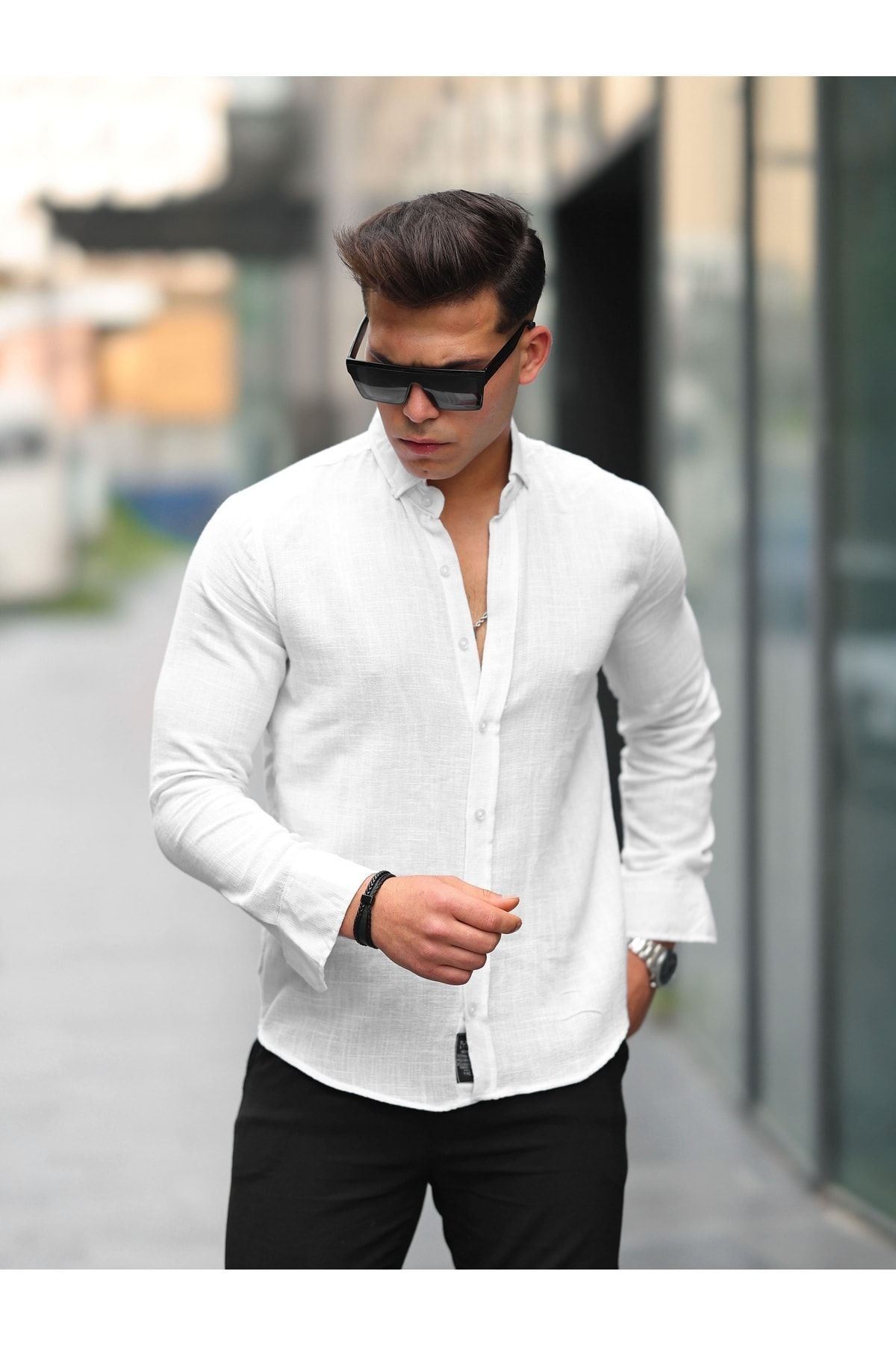 Erkek A Kalite Keten Slim Fit Uzun Kol Gömlek