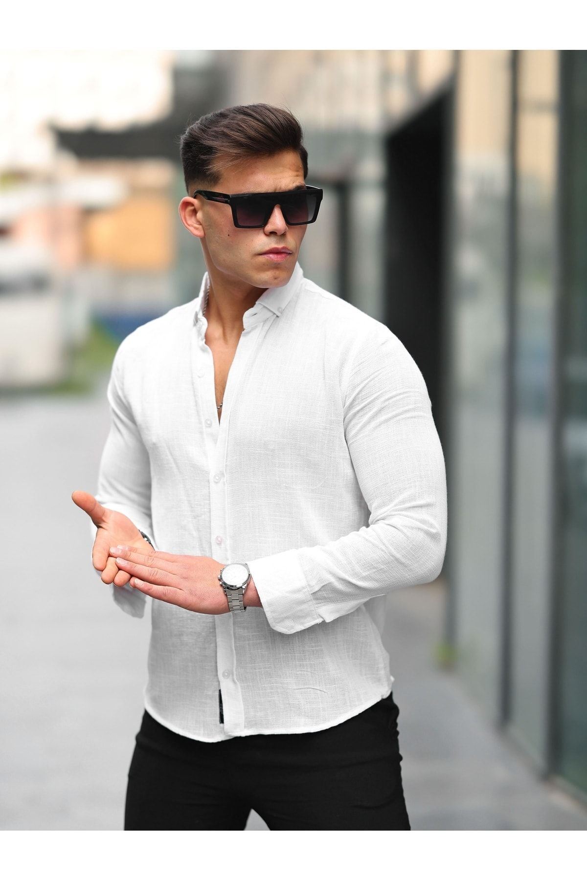 Erkek A Kalite Keten Slim Fit Uzun Kol Gömlek