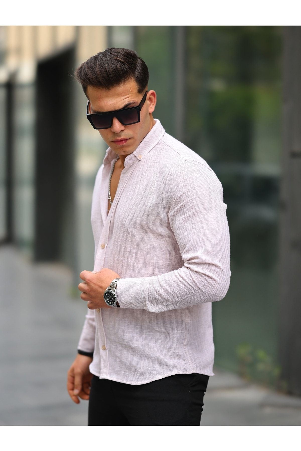 Erkek A Kalite Keten Slim Fit Uzun Kol Gömlek