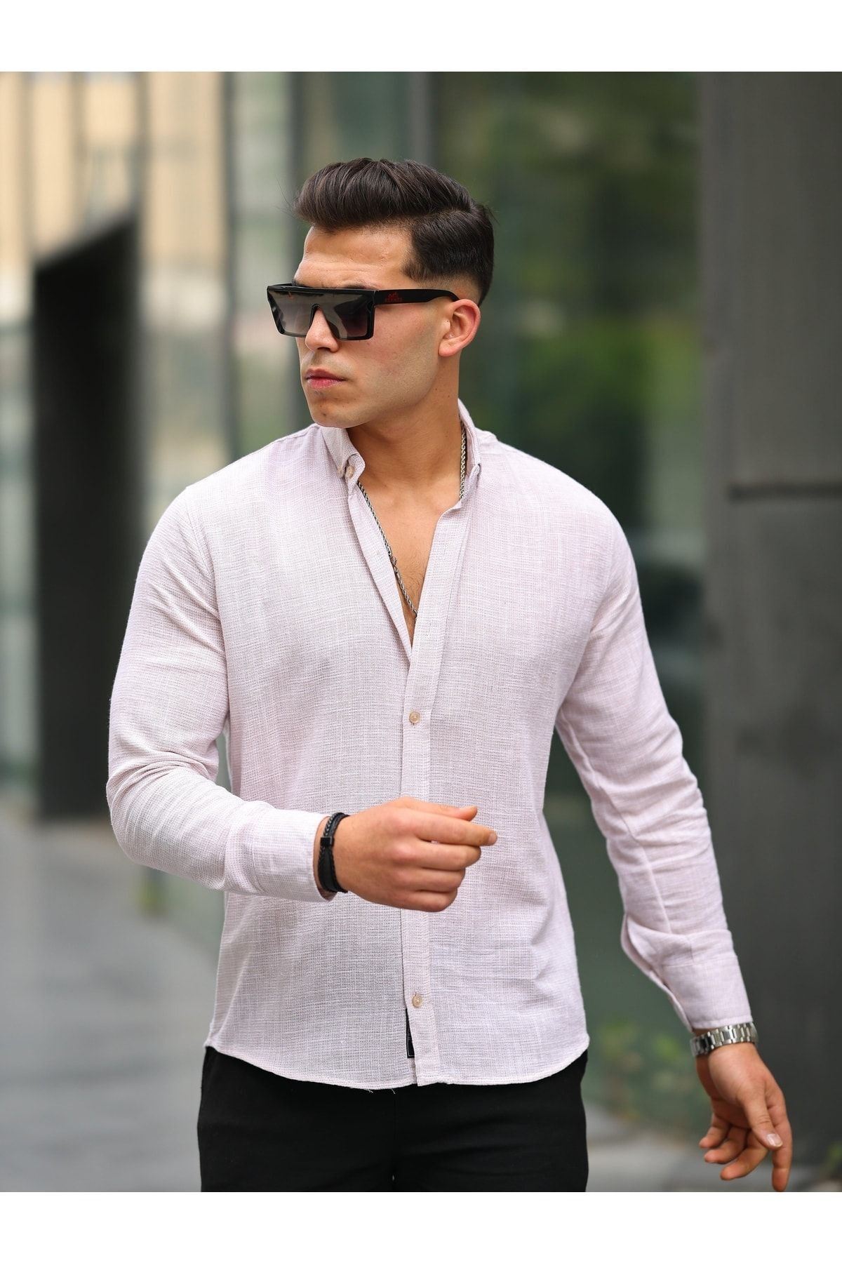 Erkek A Kalite Keten Slim Fit Uzun Kol Gömlek