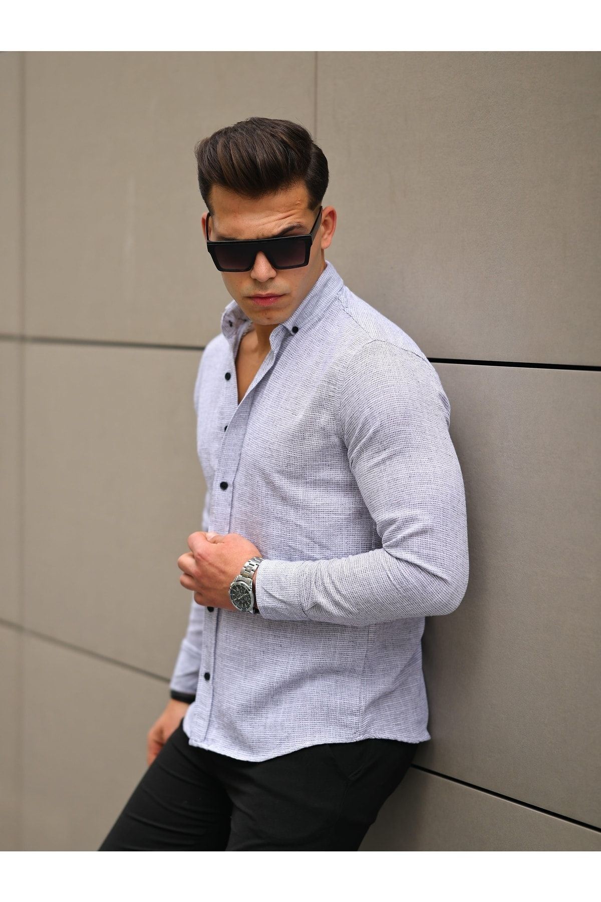 Erkek A Kalite Keten Slim Fit Uzun Kol Gömlek