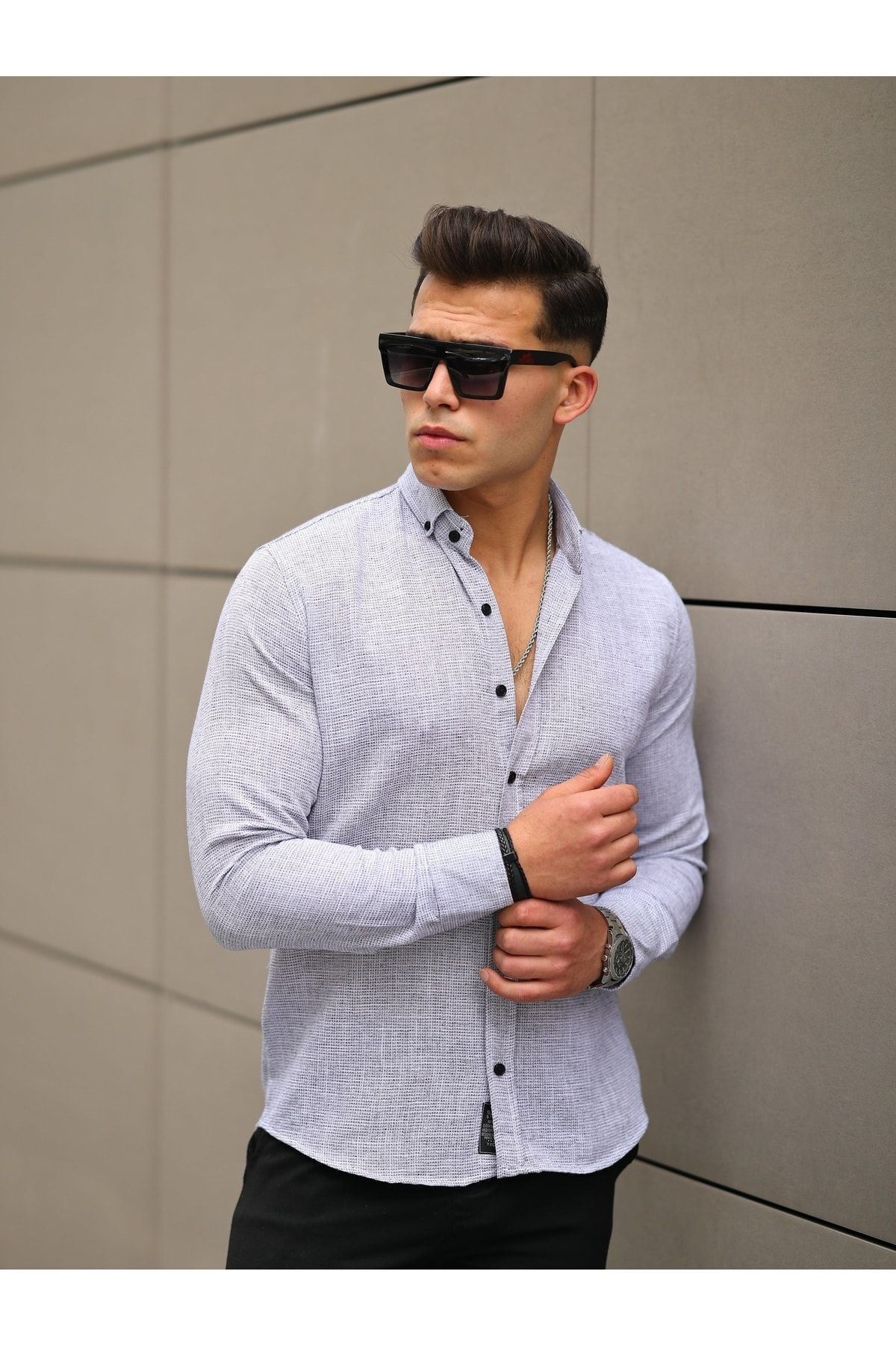 Erkek A Kalite Keten Slim Fit Uzun Kol Gömlek