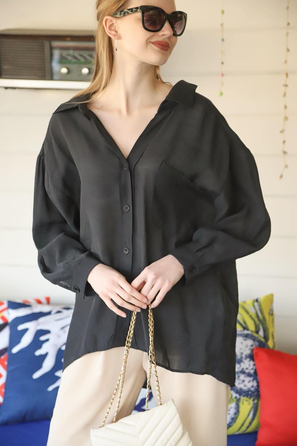 Kadın Siyah Owersize Uzun Basic Gömlek