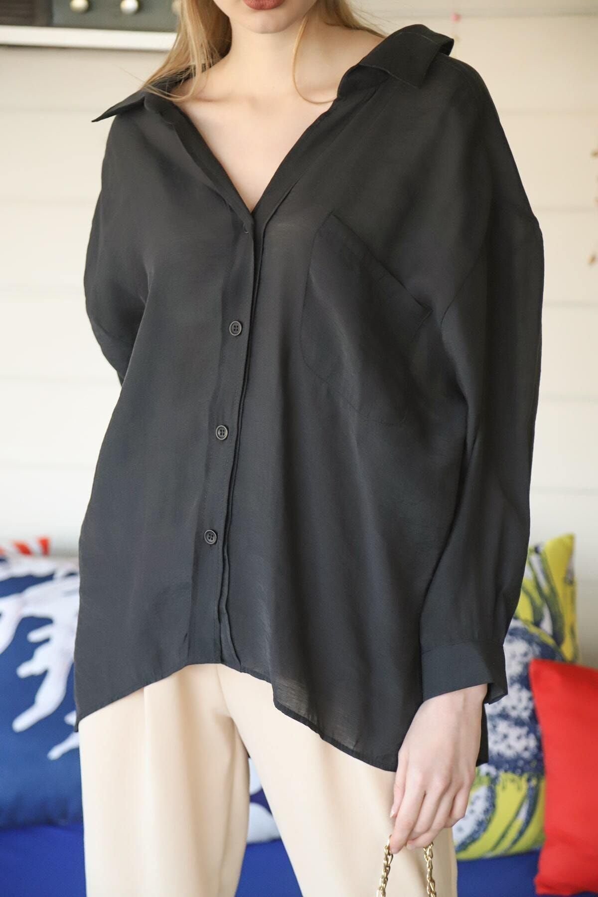 Kadın Siyah Owersize Uzun Basic Gömlek