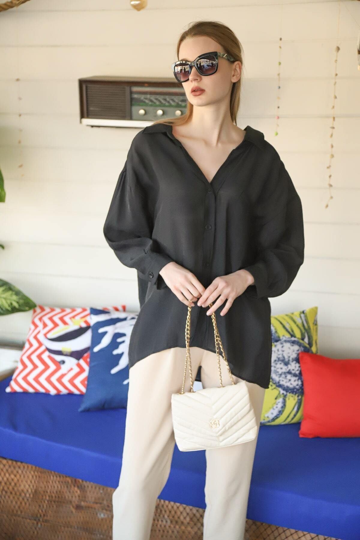 Kadın Siyah Owersize Uzun Basic Gömlek